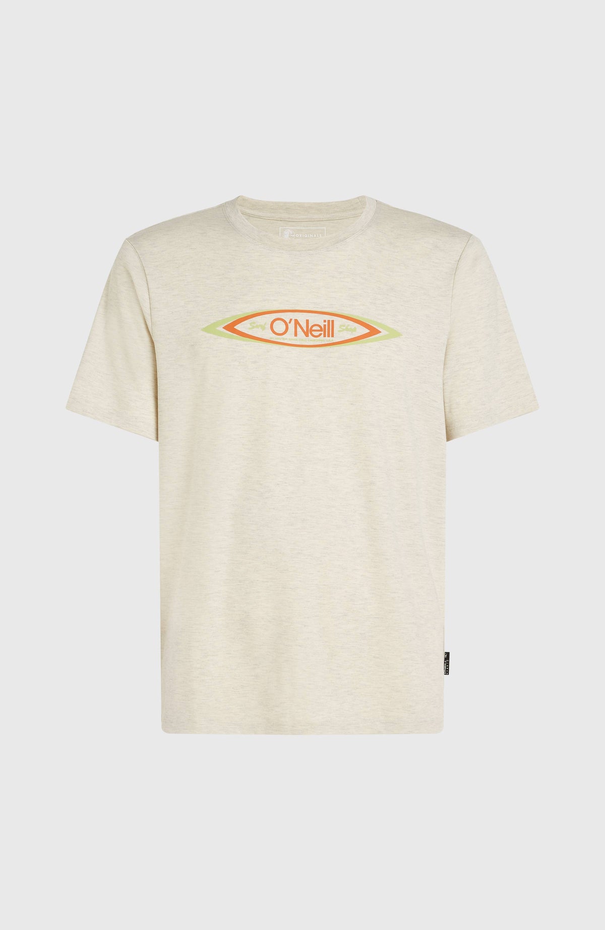 O'Riginals Hybrid T-Shirt für Herren, beige mit Logo-Print in Orange und Grün, flach liegend von vorne