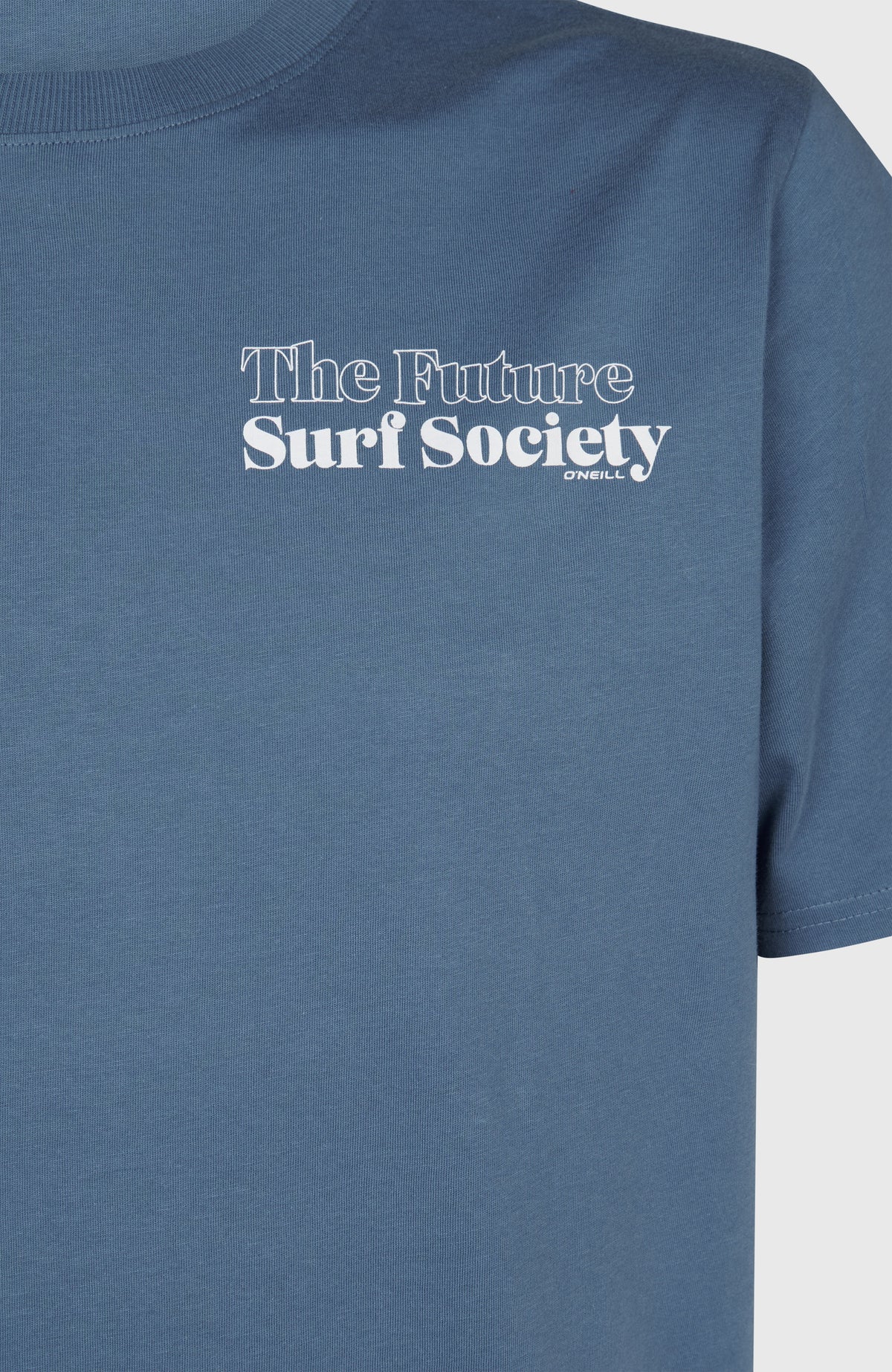Future Surf Society T-Shirt für Herren, blau mit Schriftzug-Print in Weiß, Nahaufnahme des Prints