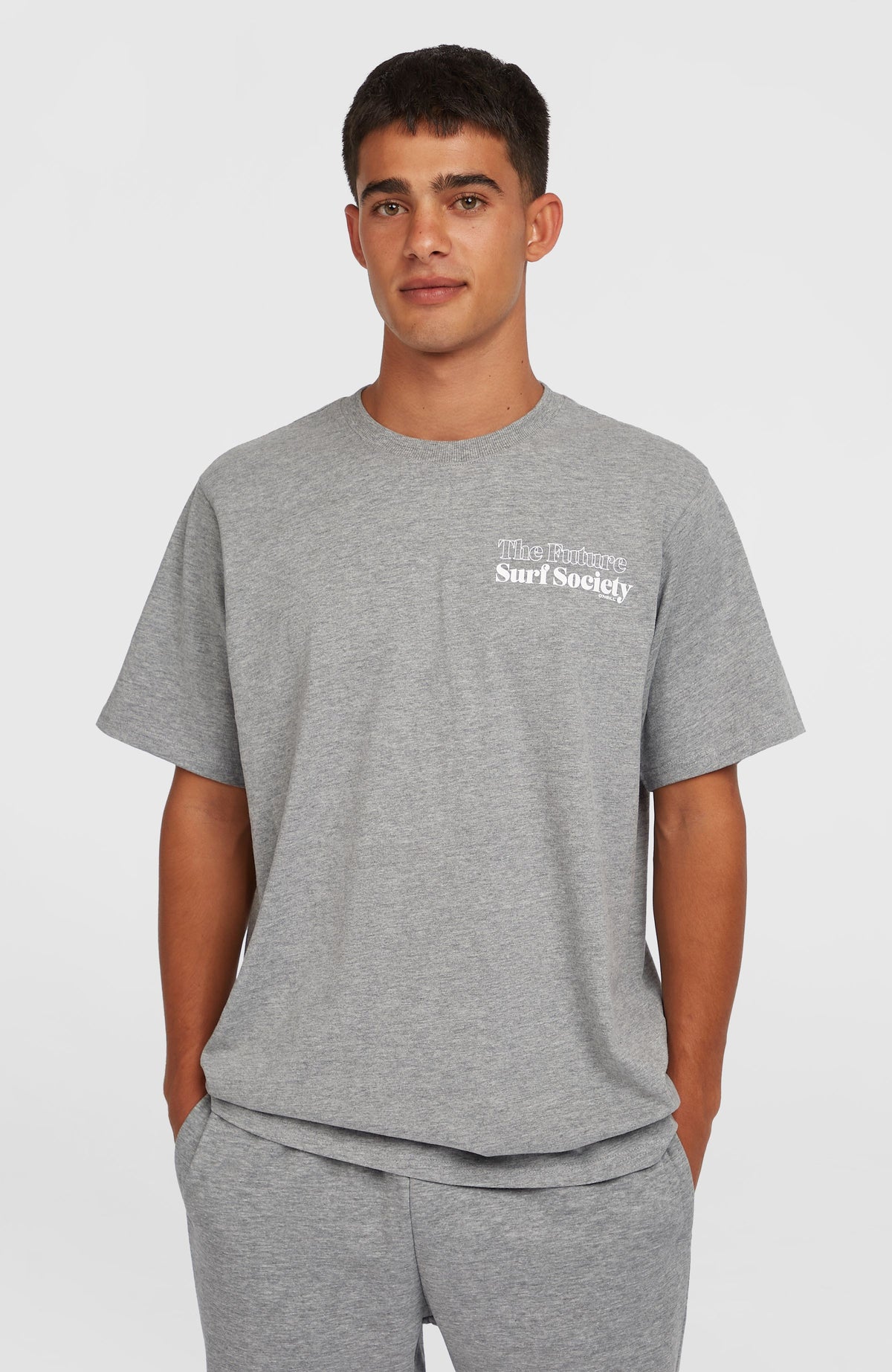 O'Neill Future Surf Society T-Shirt für Herren, grau mit Logo-Print in Weiß, Vorderansicht am Model