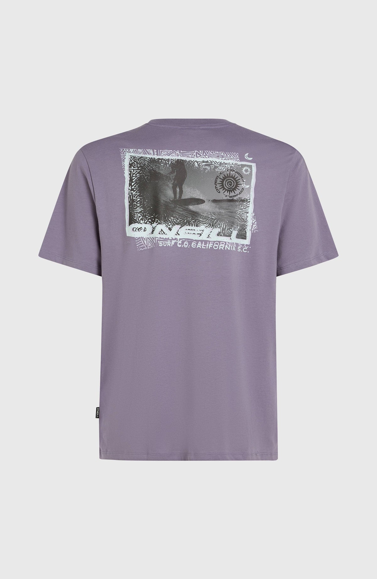 Photo Print T-Shirt für Herren, lila mit großem Grafikprint in Weiß und Schwarz, freigestellt von hinten