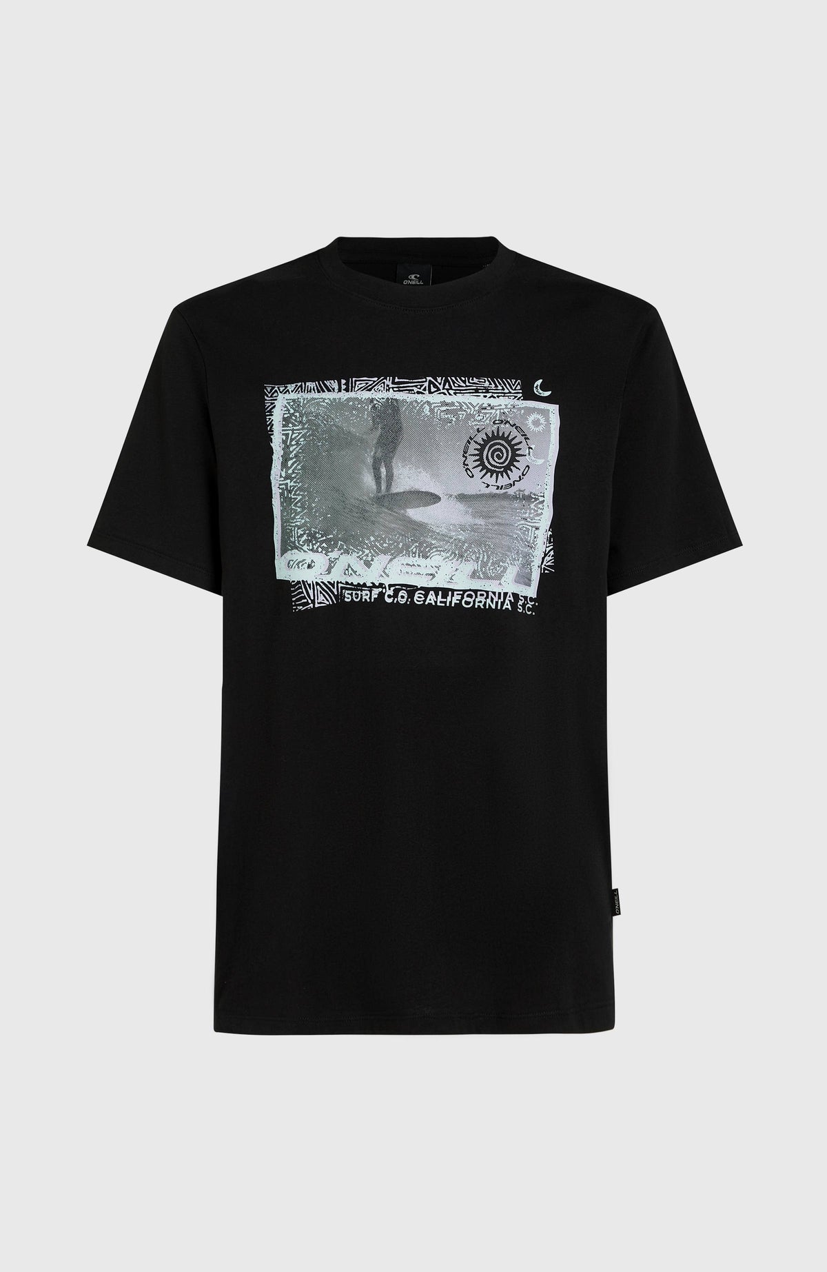 Photo Print T-Shirt für Herren, schwarz mit Foto-Print in Hellblau und Weiß, freigestellt von vorne
