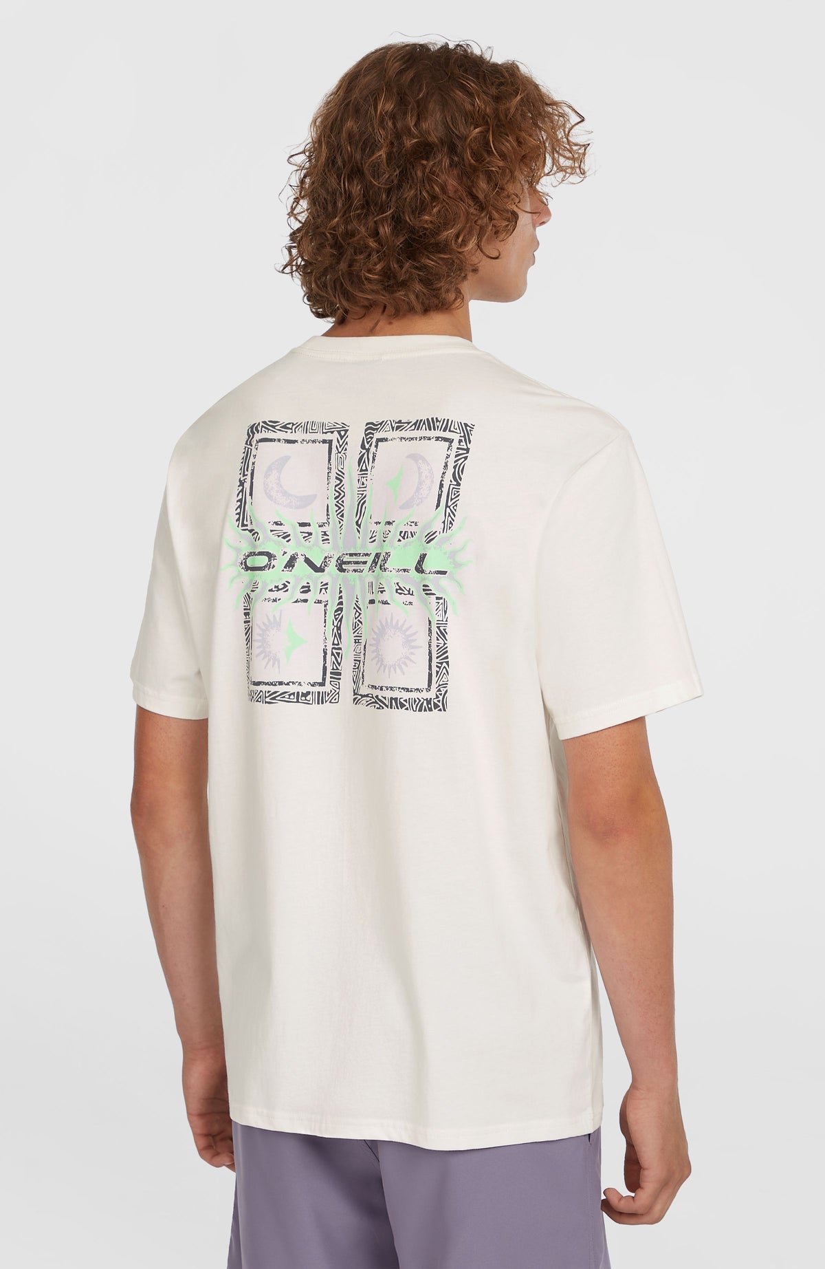 Retro Graphic T-Shirt für Herren, weiß mit Grafik-Print in Schwarz und Grün, Rückansicht am Model