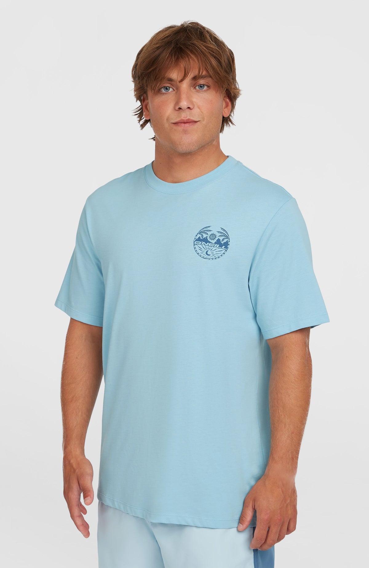 O'Neill Back Print T-Shirt für Herren, blau mit Grafik-Print in Dunkelblau, Vorderansicht am Model