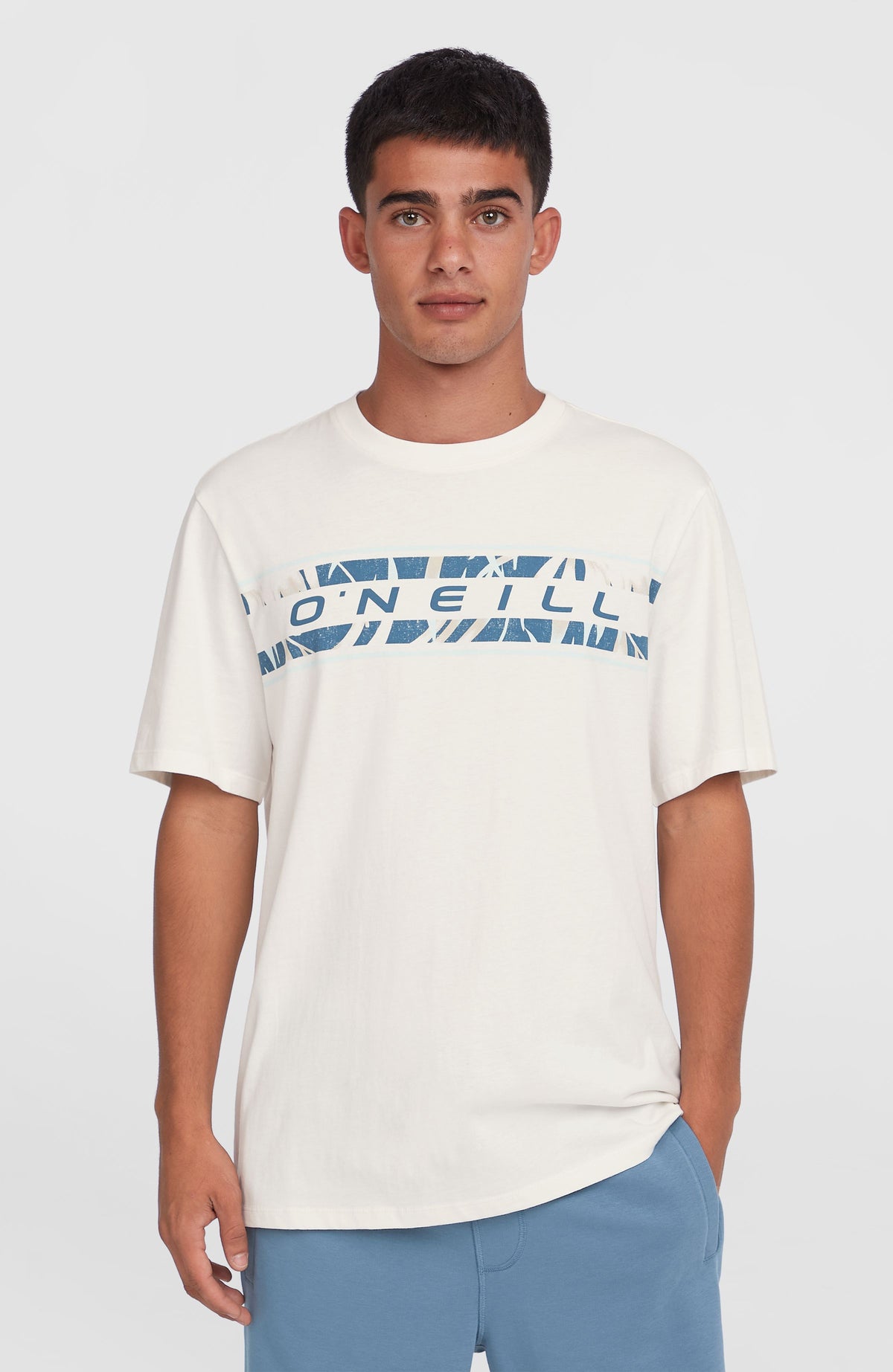 O'Neill Front Graphic T-Shirt für Herren, weiß mit Logo-Print in Blau, getragen am Model, Vorderansicht