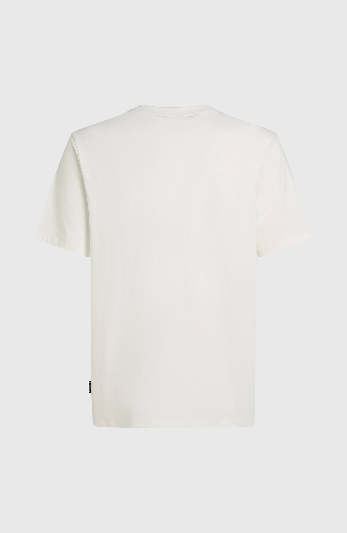Weißes Front Graphic T-Shirt für Herren, freigestellt von hinten mit kurzen Ärmeln und kleinem Saum-Label