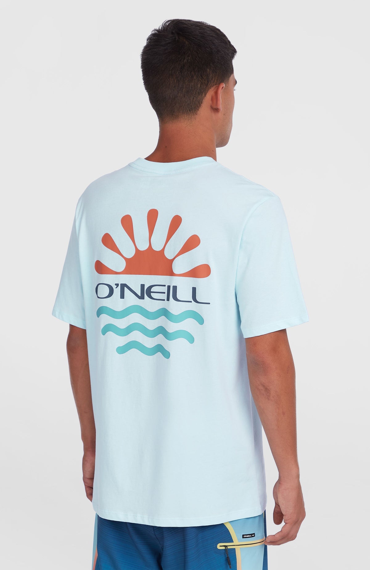 Sun T-Shirt für Herren, blau mit Logo-Print in Orange und Türkis, Rückansicht am Model