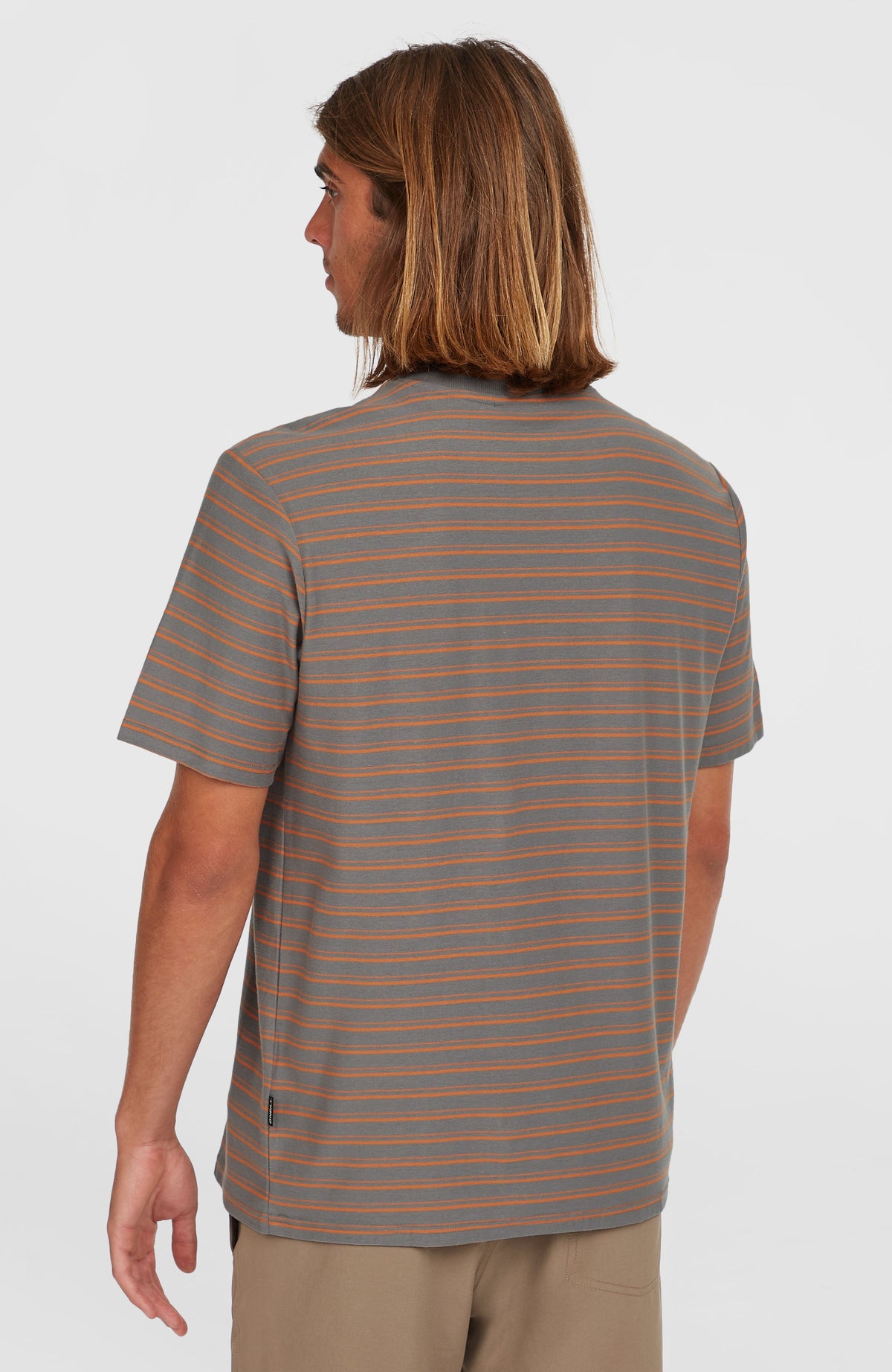Yarn Stripe T-Shirt für Herren, grau mit Streifenmuster in Orange, Rückansicht am Model
