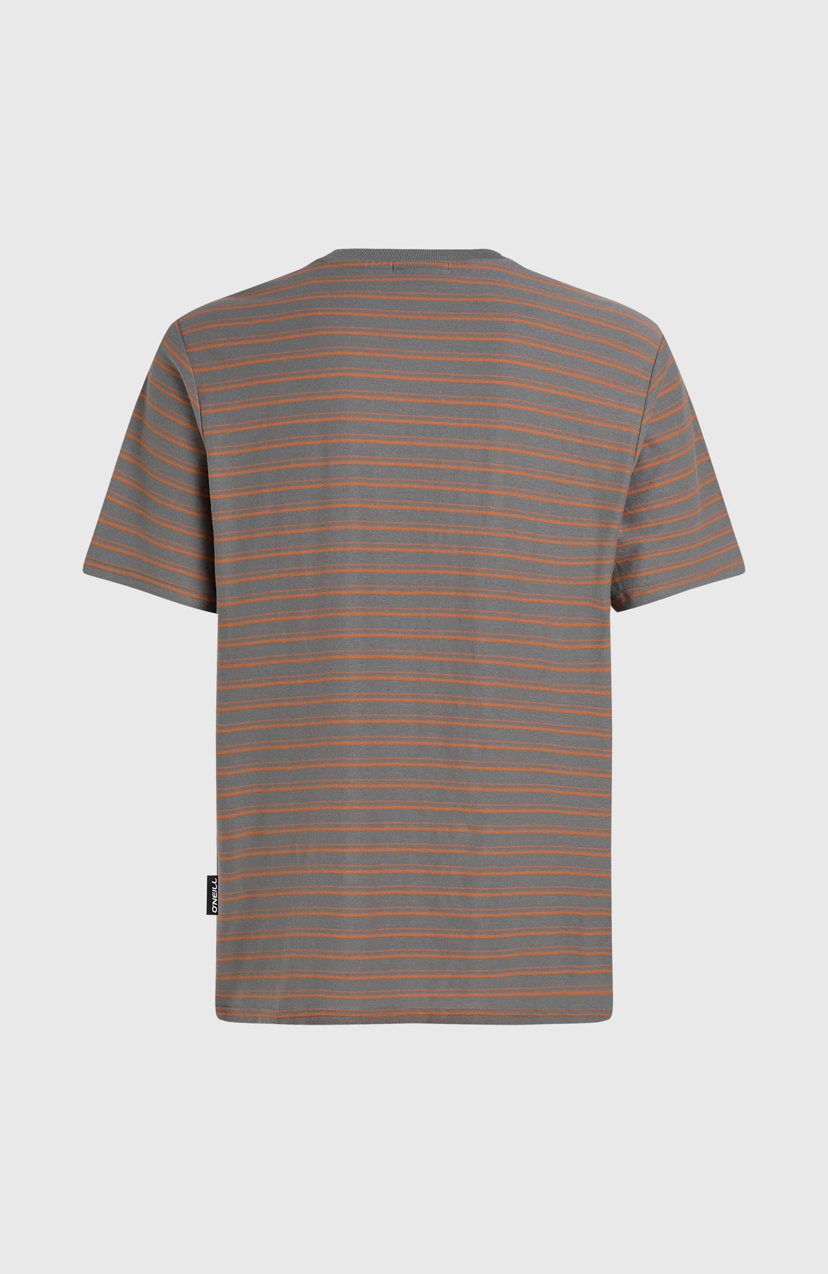 Yarn Stripe T-Shirt für Herren, grau mit Streifenmuster in Orange, freigestellt von hinten