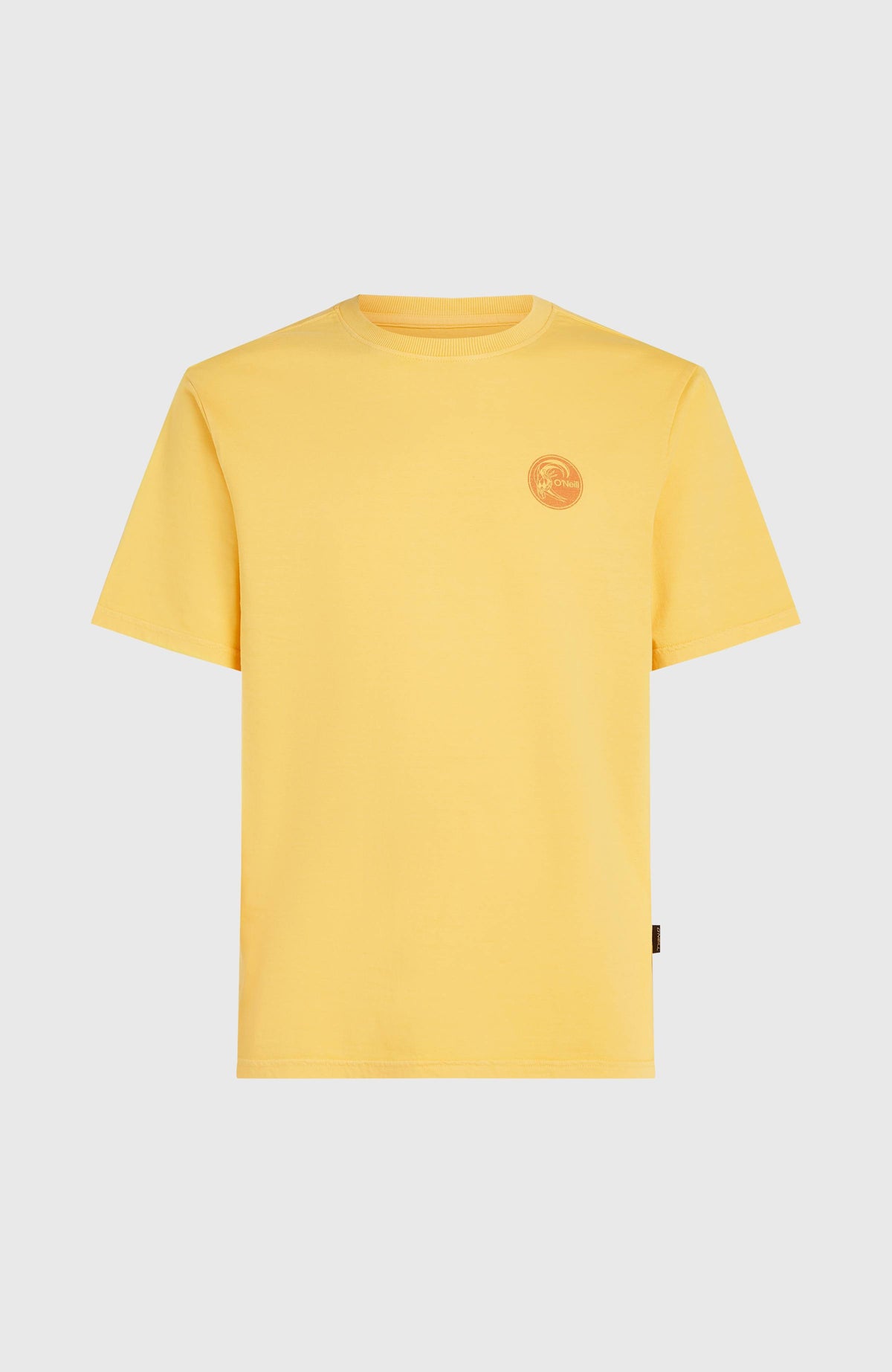 O'Riginals Vintage Graphic T-Shirt, gelb mit kleinem Grafik-Print in Orange auf der Brust, freigestellt von vorne