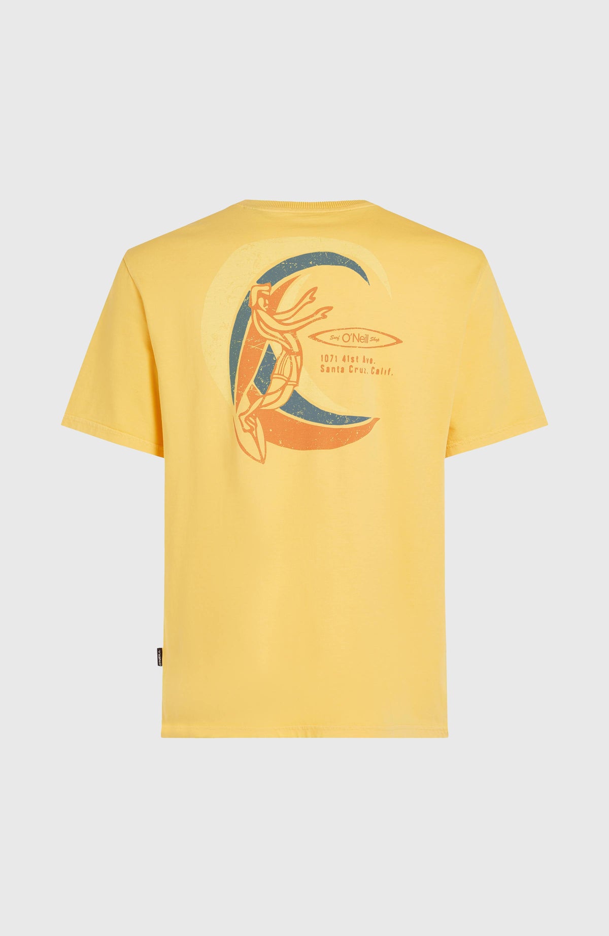 O'Riginals Vintage Graphic T-Shirt, gelb mit großem Grafik-Print in Orange und Blau, freigestellt von hinten