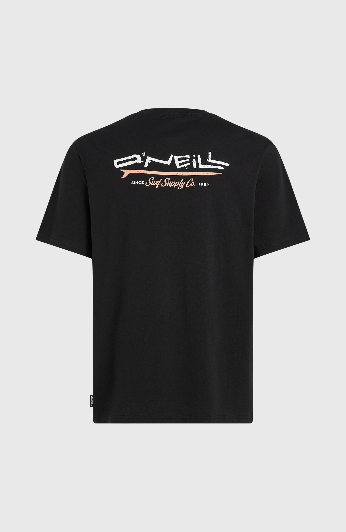 Schwarzes Retro Back Print T-Shirt für Herren mit großem Logo-Print in Weiß und Orange, freigestellt von hinten