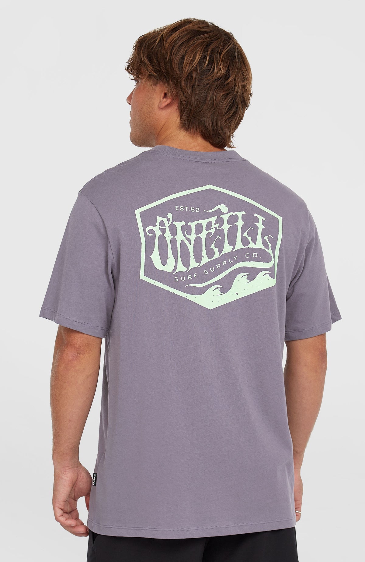 Box Logo T-Shirt für Herren, lila mit Logo-Print in Mintgrün, Rückansicht am Model mit großem Rückenprint