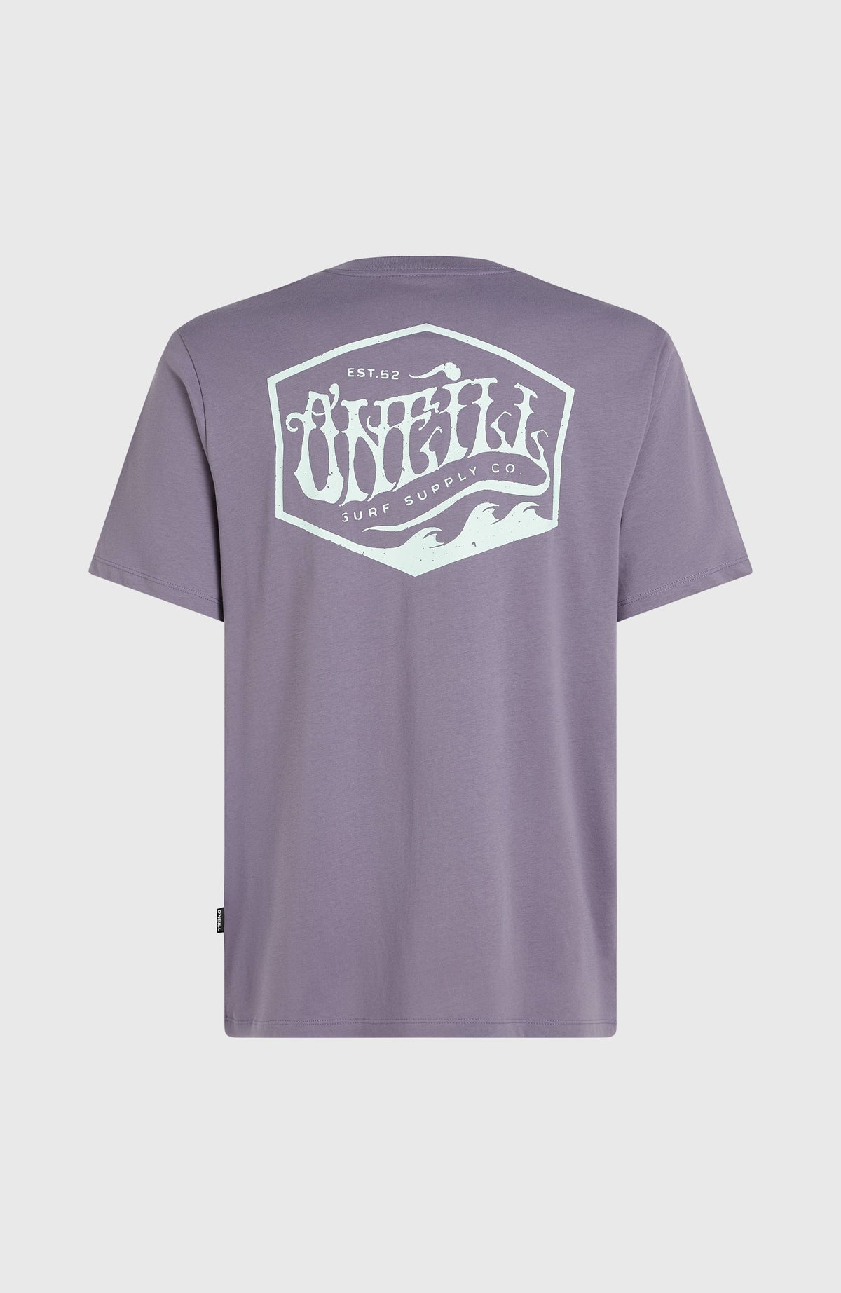 Box Logo T-Shirt für Herren, lila mit großem Logo-Print in Mintgrün auf dem Rücken, freigestellt von hinten