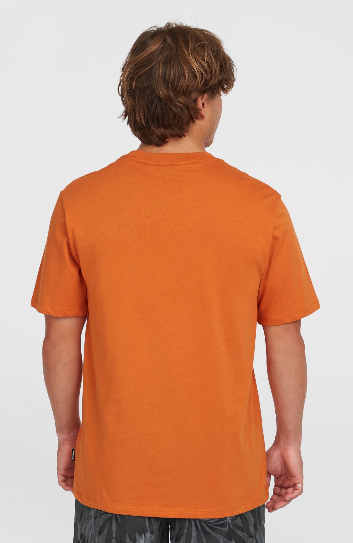 Front Print T-Shirt für Herren, orange, Rückansicht am Model mit unifarbener Rückenpartie