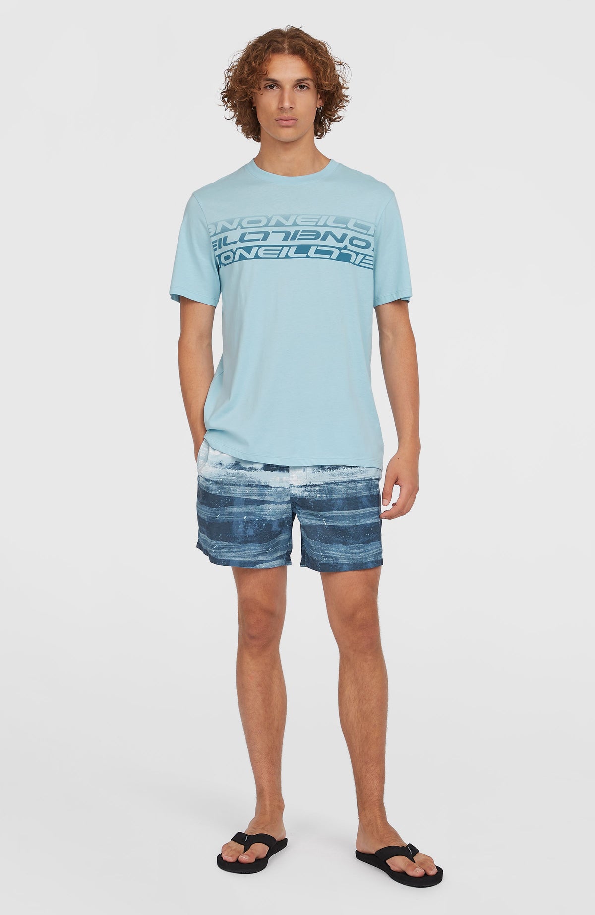 Stripe T-Shirt für Herren, blau mit Logo-Print in Dunkelblau, Ganzkörperansicht am Model von vorne