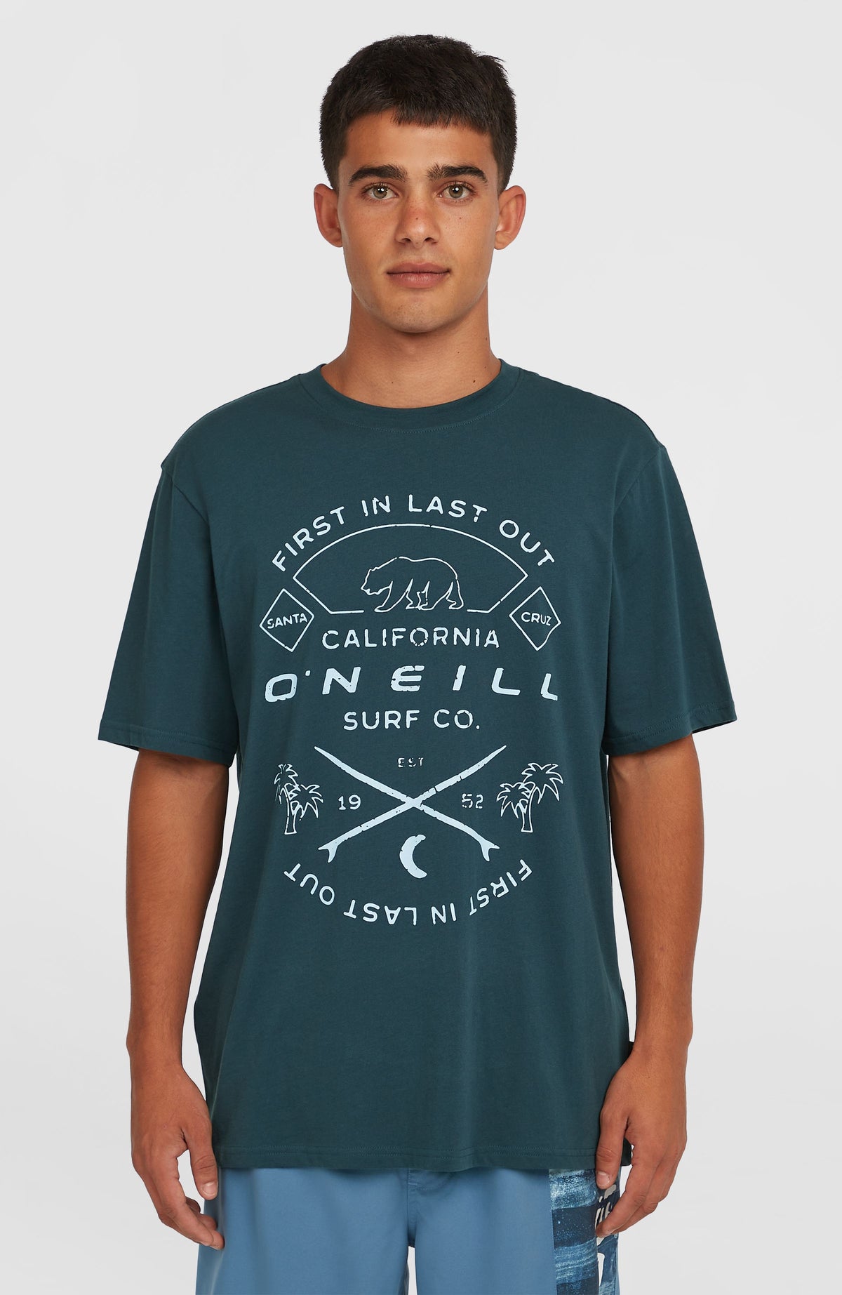 O'Neill Jack O'Neill Muir T-Shirt für Herren, blau mit Logo-Print in Weiß, Vorderansicht getragen am Model