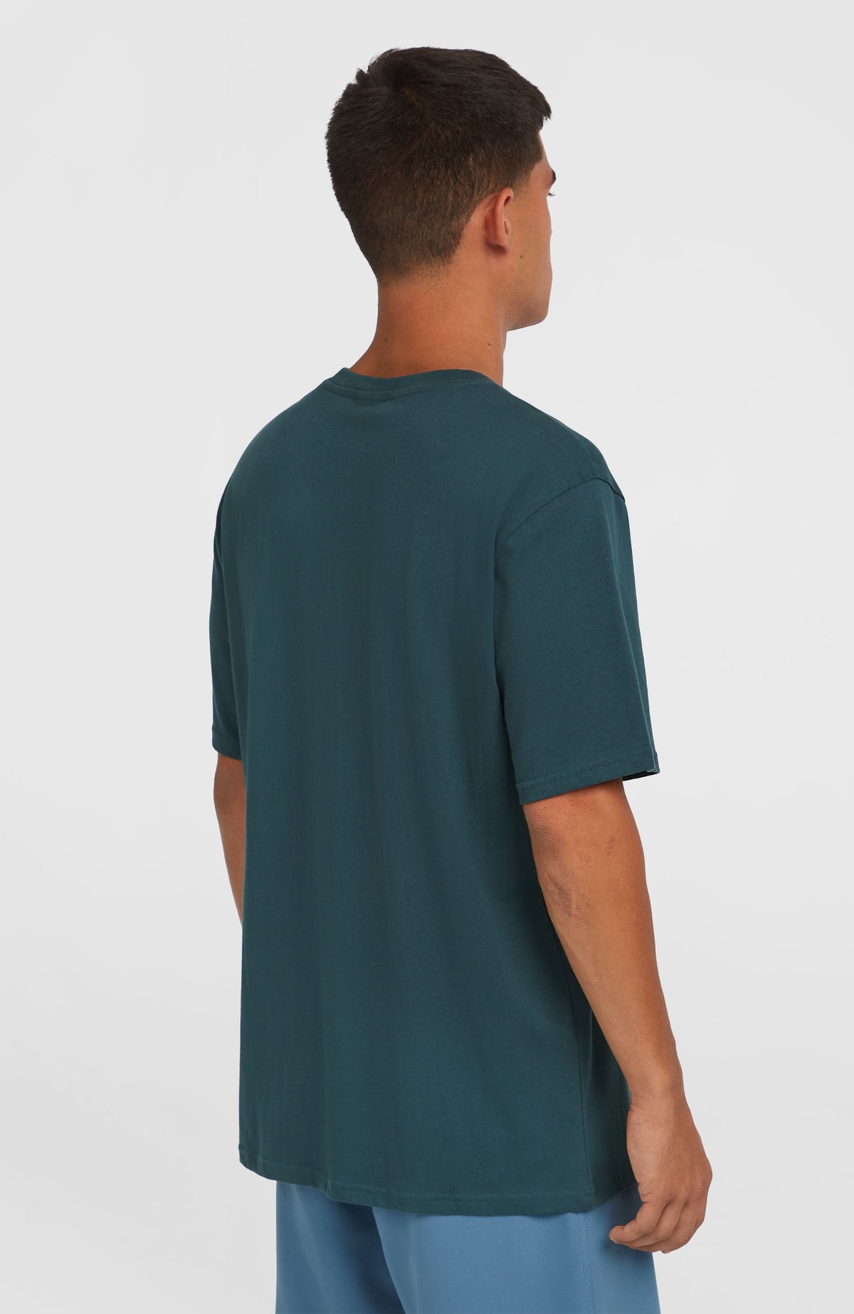 Jack O'Neill Muir T-Shirt für Herren, blau mit Logo-Print in Weiß, Rückansicht von der Seite getragen am Model