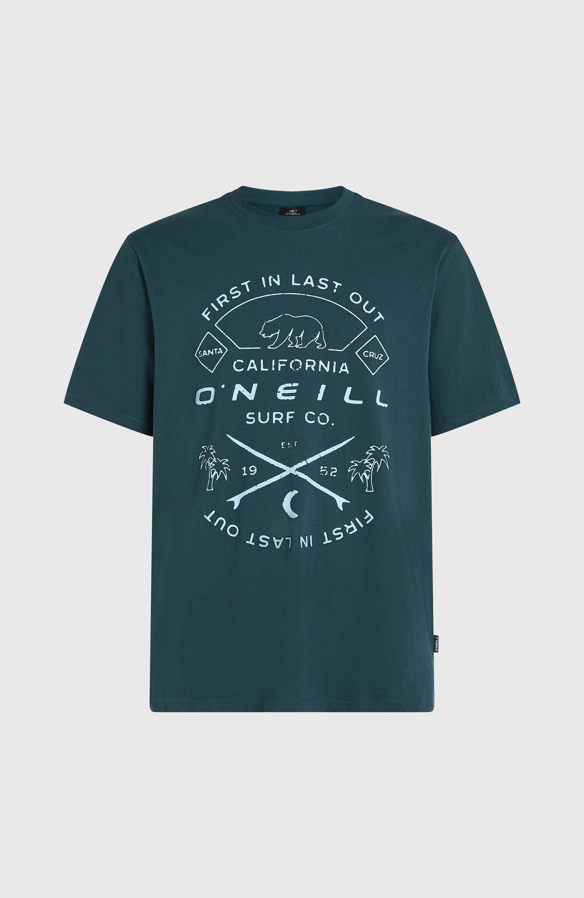 Jack O'Neill Muir T-Shirt für Herren, blau mit Logo-Print in Weiß, freigestellt von vorne mit Logo-Label am Saum