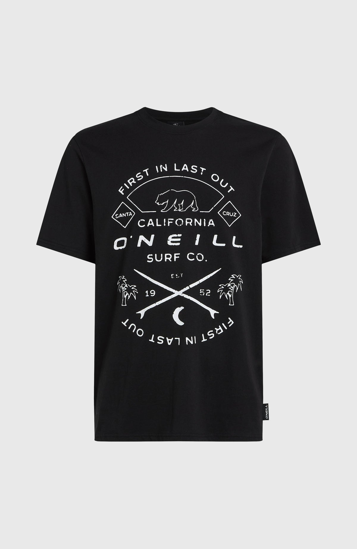 Jack O'Neill Muir T-Shirt für Herren, schwarz mit Logo-Print in Weiß, freigestellt von vorne