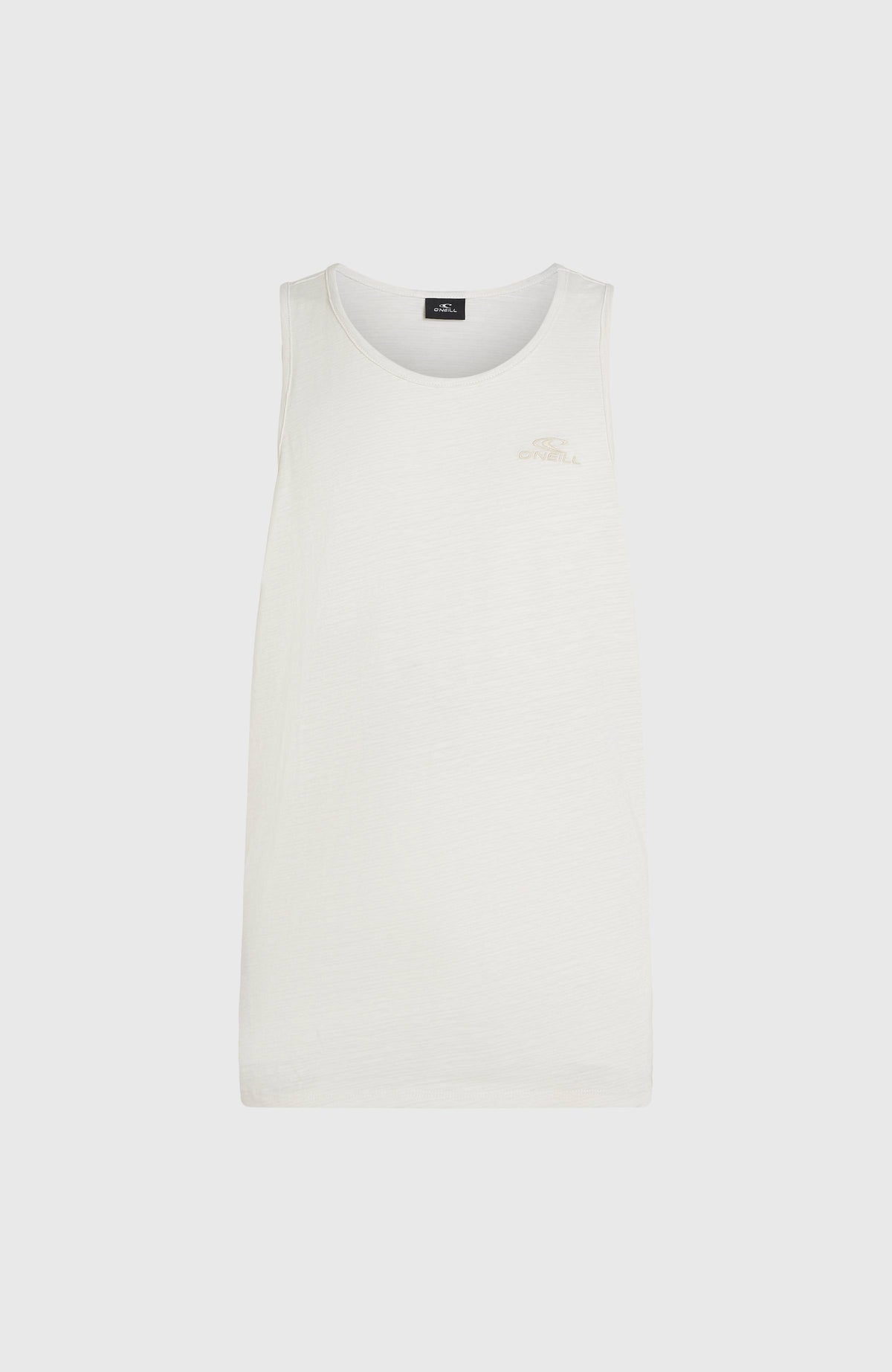Slub Tanktop für Herren, weiß, flach liegend von vorne mit Rundhalsausschnitt