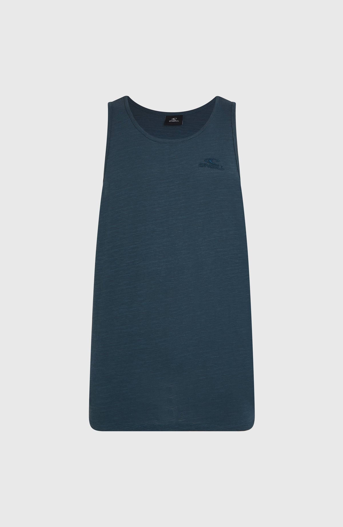 Slub Tanktop für Herren, blau, flach liegend von vorne mit Rundhalsausschnitt