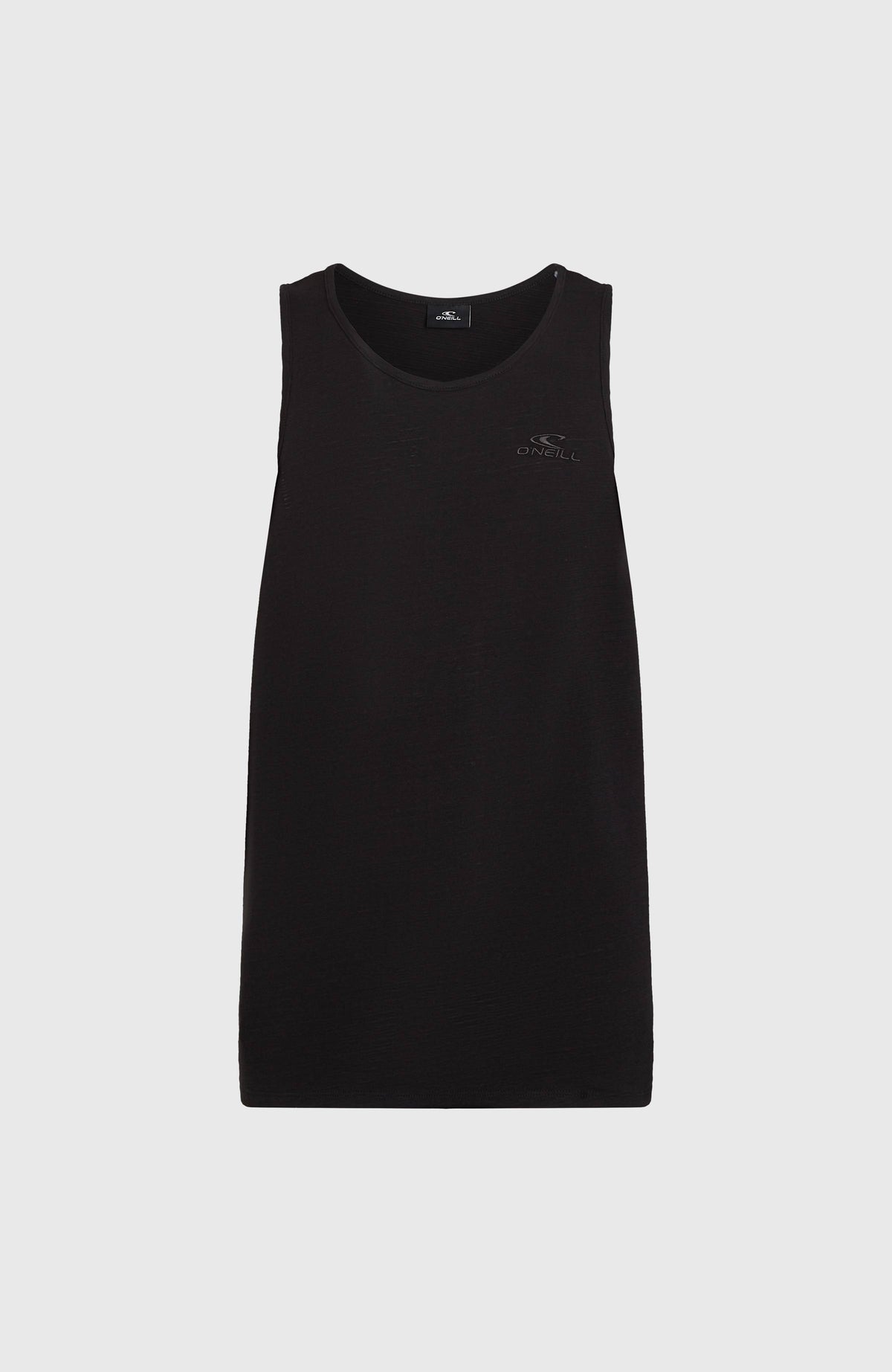 Slub Tanktop für Herren, schwarz, flach liegend von vorne mit kleinem Logo-Print