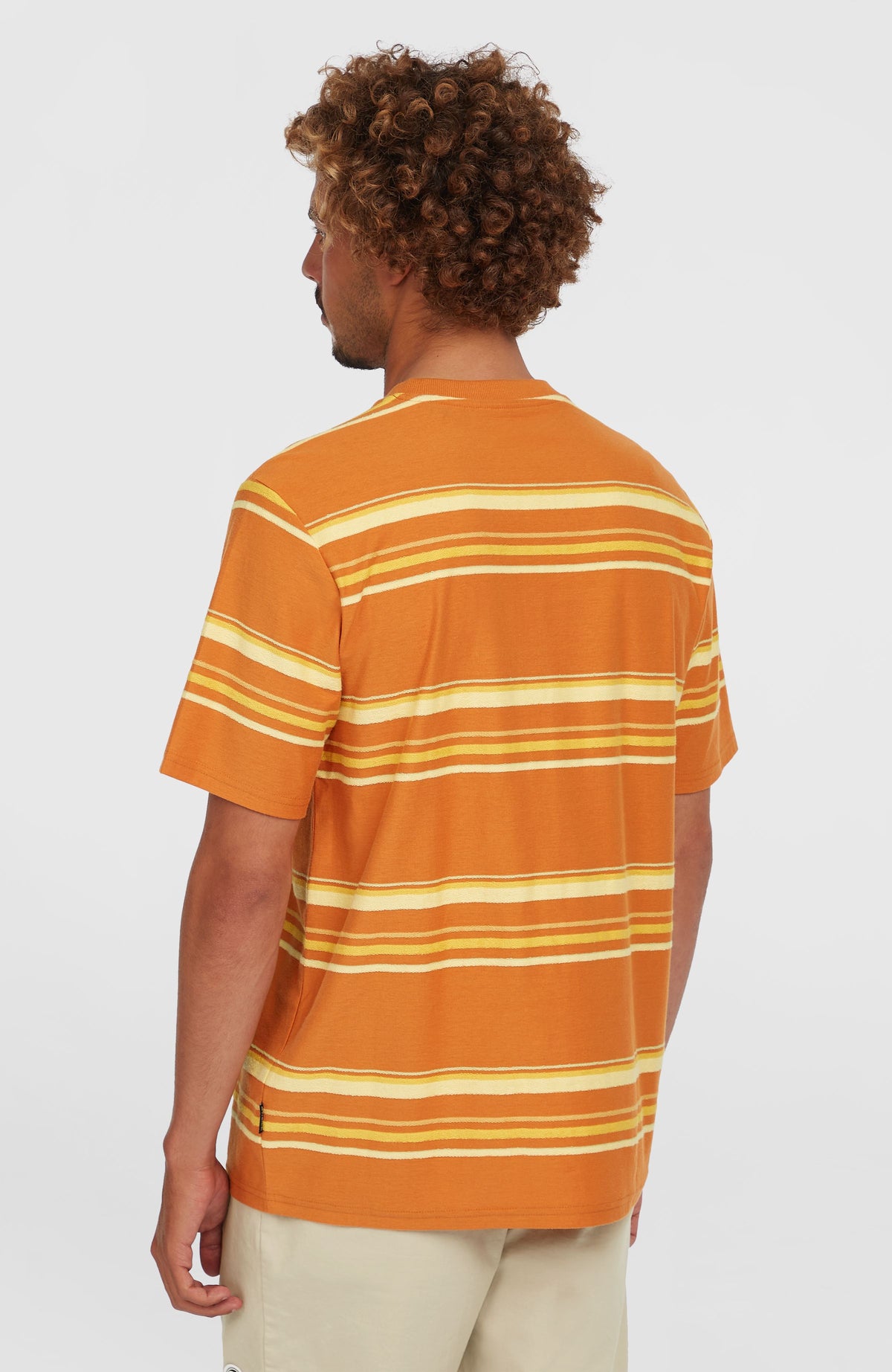 O'Riginals Stripe T-Shirt für Herren, orange mit Streifenmuster in Gelb und Weiß, am Model von hinten