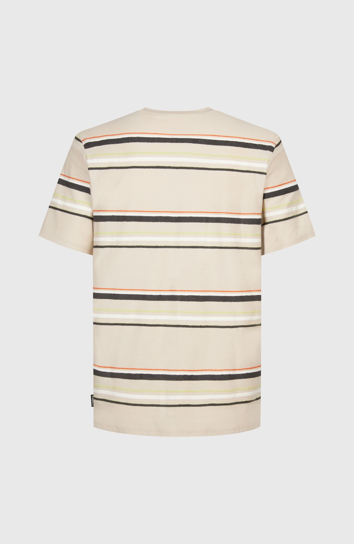 O'Riginals Stripe T-Shirt für Herren, beige mit Streifenmuster in Schwarz und Orange, freigestellt von hinten