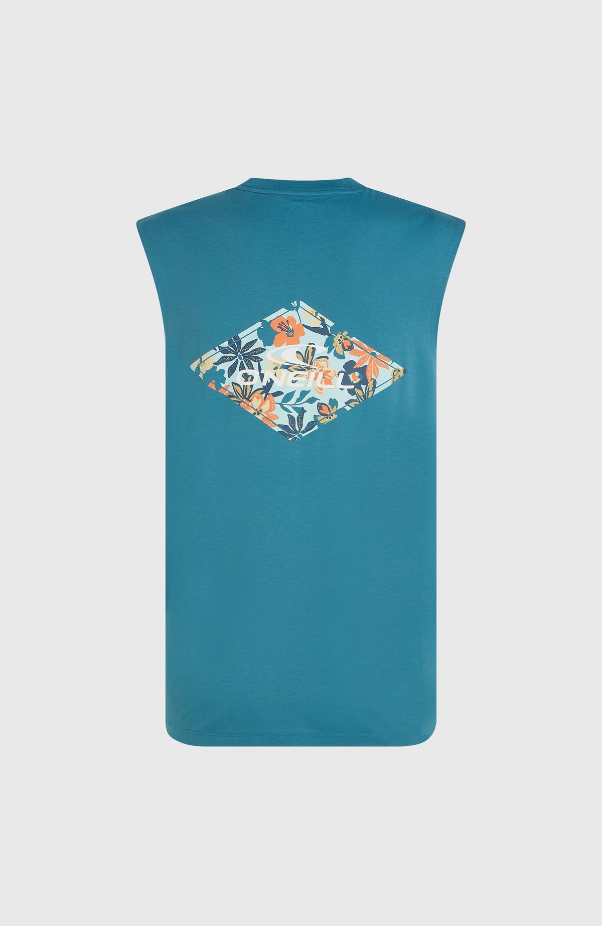 Graphic Tanktop für Herren, blau mit Grafik-Print in Orange und Weiß, flach liegend von hinten