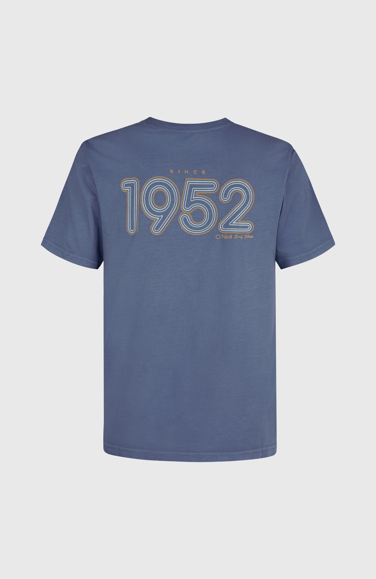 O'Riginals Retro Back-Print T-Shirt für Herren, blau mit Logo-Print in Beige, flach liegend von hinten
