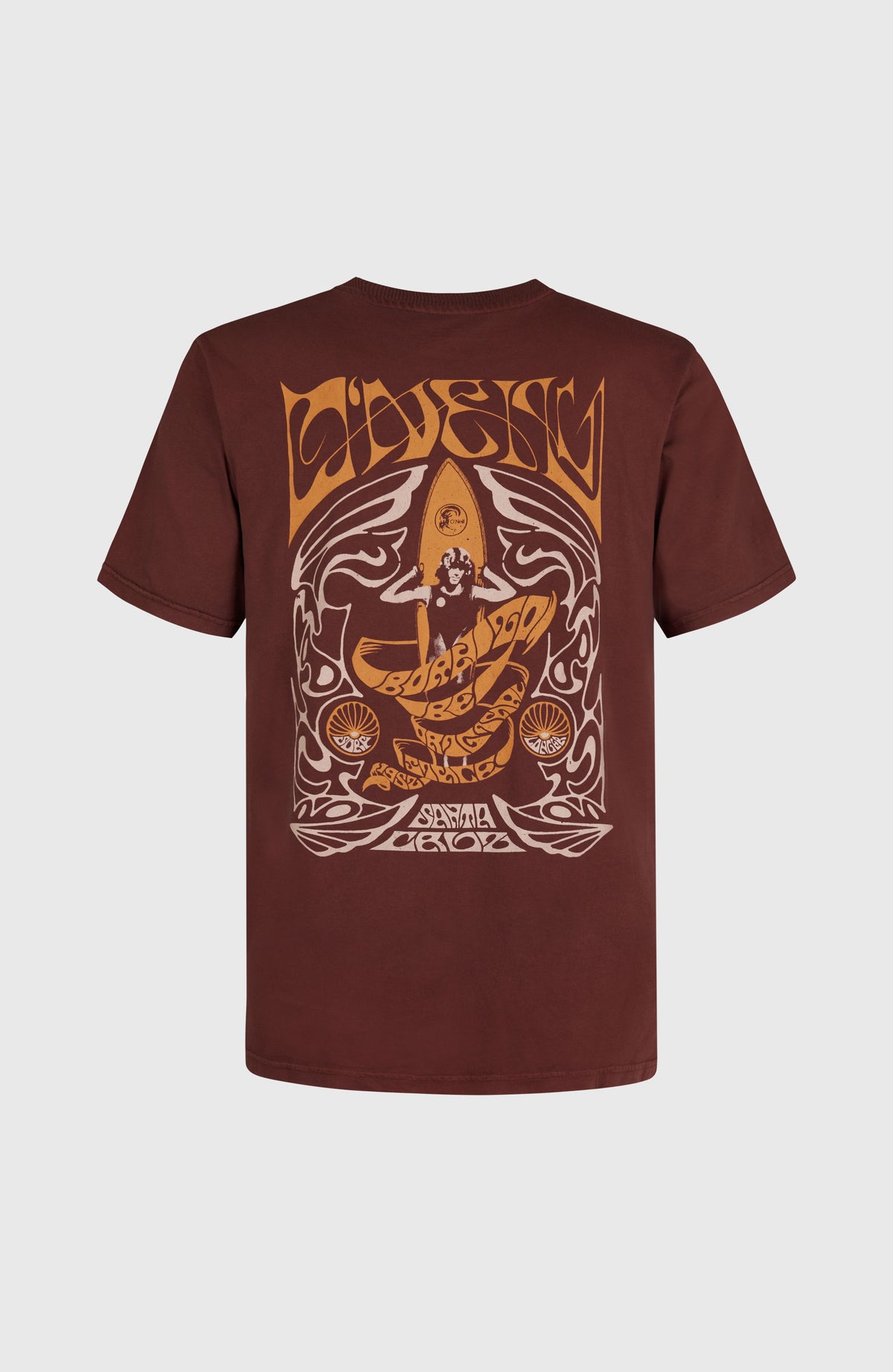 O'Riginals Retro Back-Print T-Shirt für Herren, braun mit Logo-Print in Orange, flach liegend von hinten