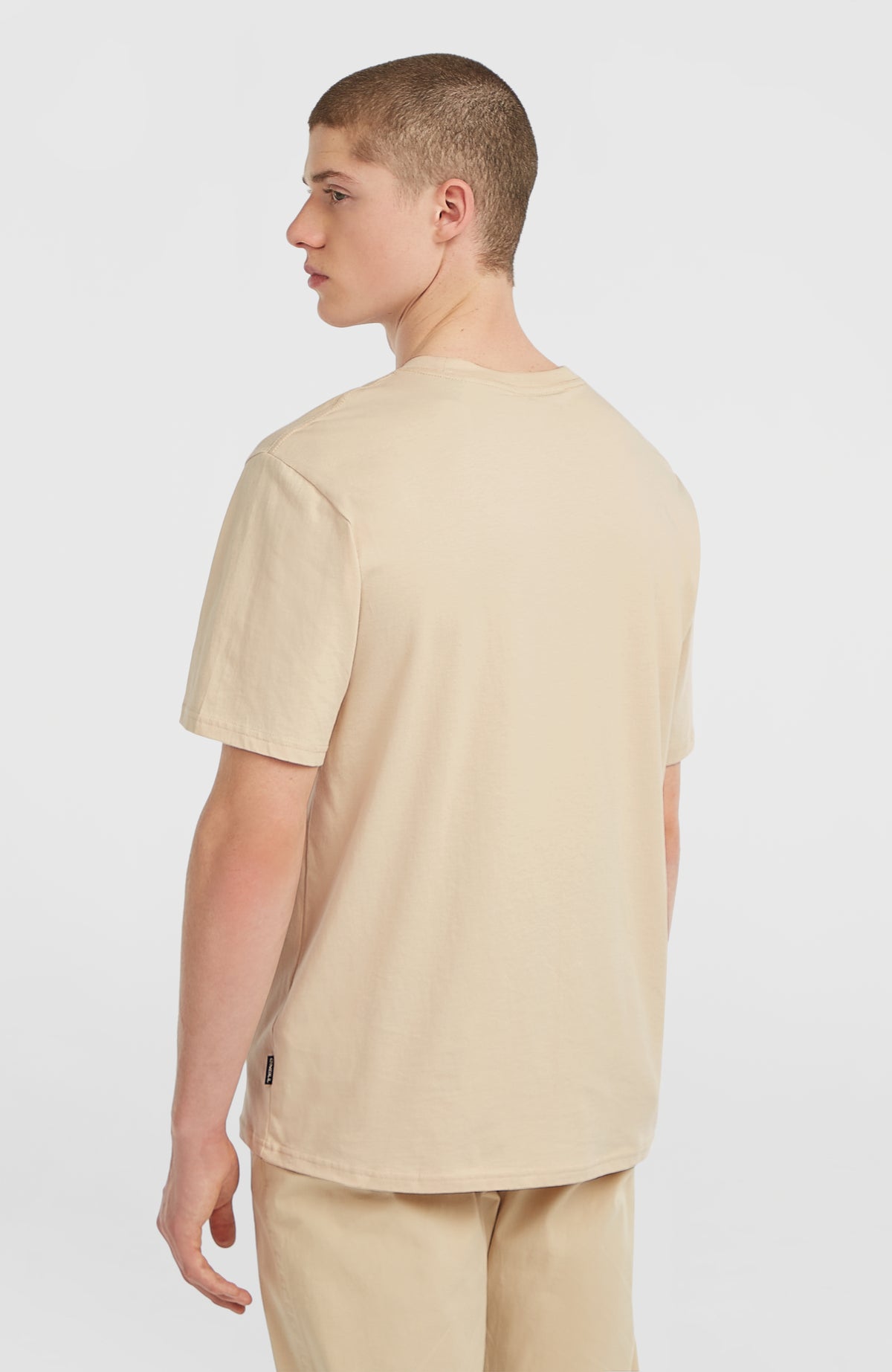 Muir T-Shirt für Herren, beige mit Logo-Print in Dunkelrot, Rückansicht getragen am Model