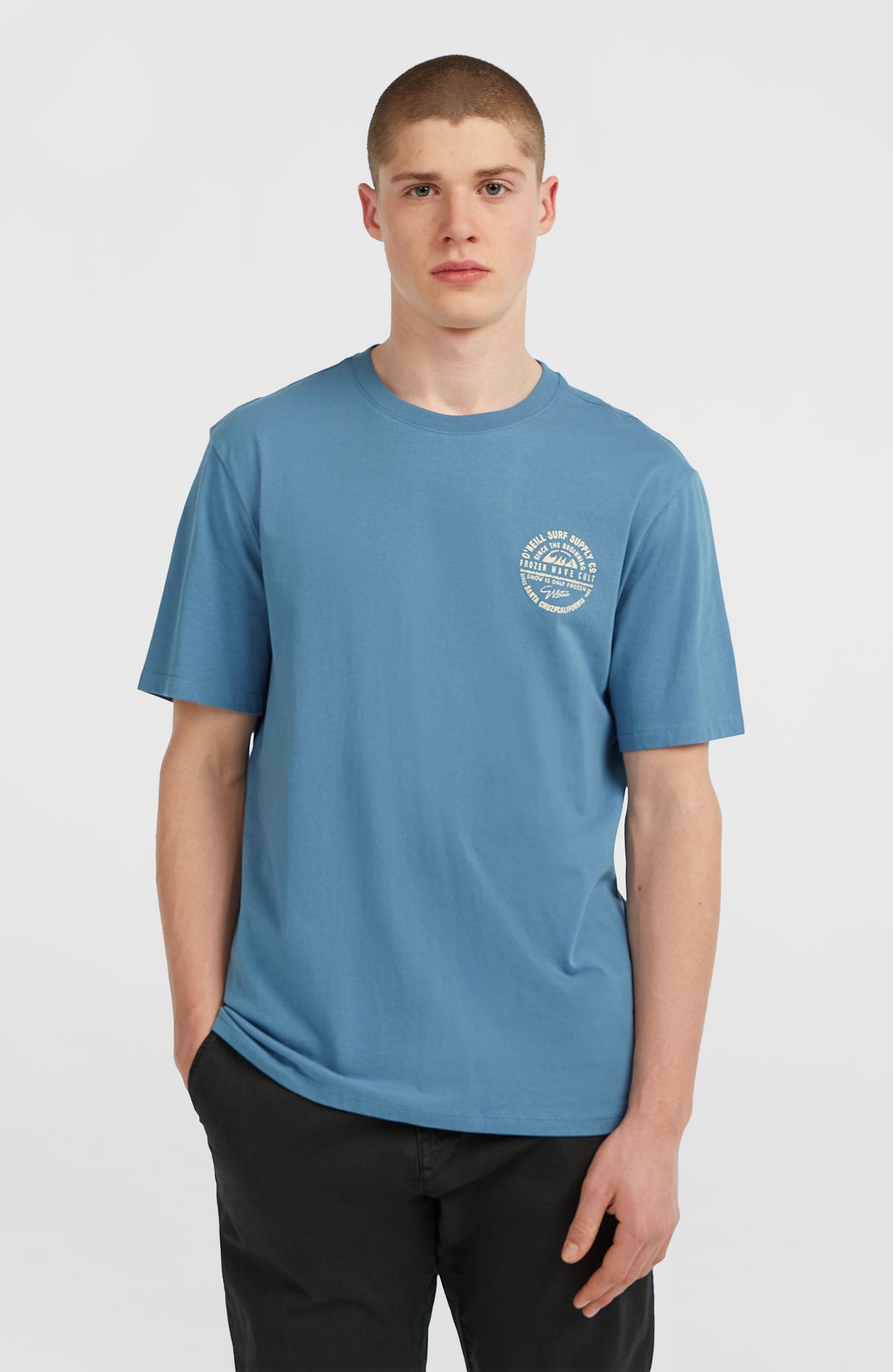 O'Neill Chest-Print T-Shirt für Herren, blau mit Logo-Print in Weiß, Vorderansicht am Model