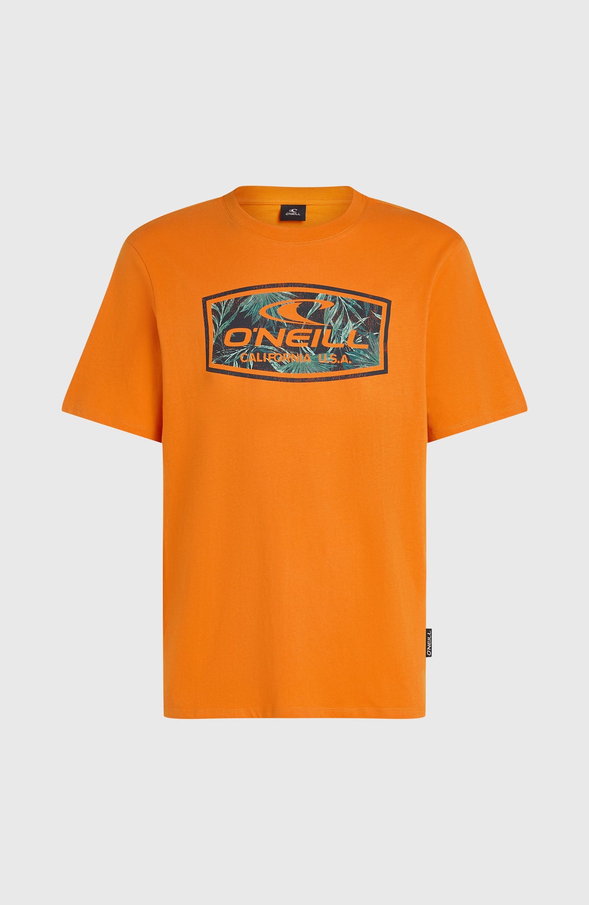 Graphic T-Shirt für Herren, orange mit Logo-Print in Türkis, flach liegend von vorne
