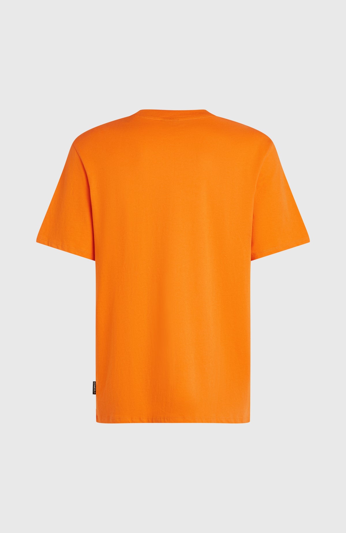 Graphic T-Shirt für Herren, orange, flach liegend von hinten mit kleinem Logo-Label am Saum