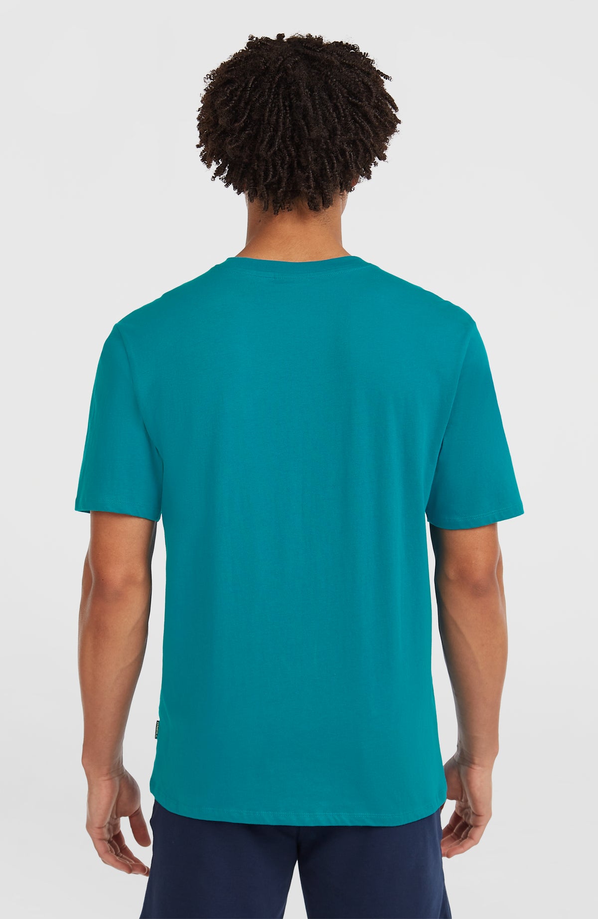 Graphic T-Shirt für Herren, blau mit Logo-Print in Orange, Rückansicht am Model mit Logo-Label an der Seitennaht