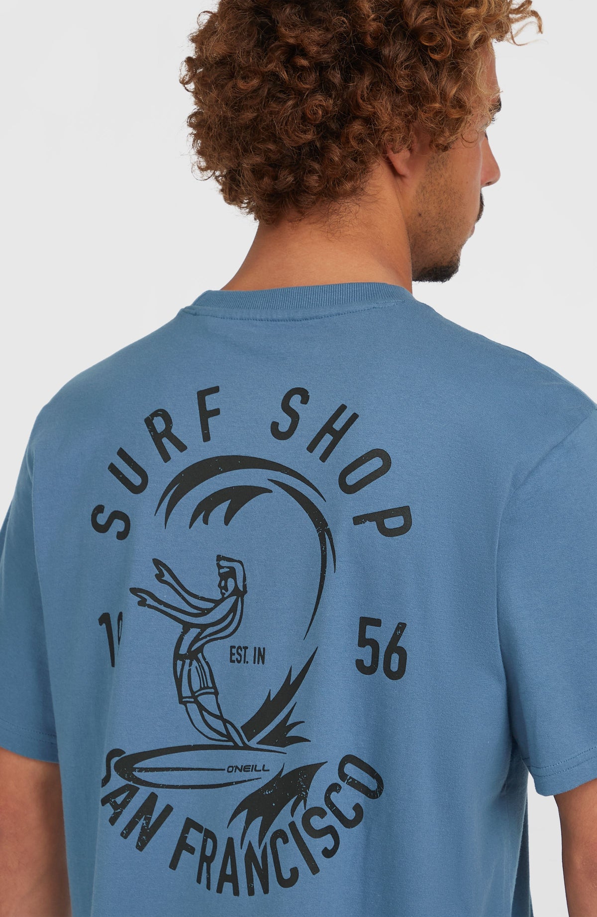 O'Riginals Surf Shop T-Shirt für Herren, blau mit Grafik-Print in Schwarz, Detailaufnahme des Rückenprints