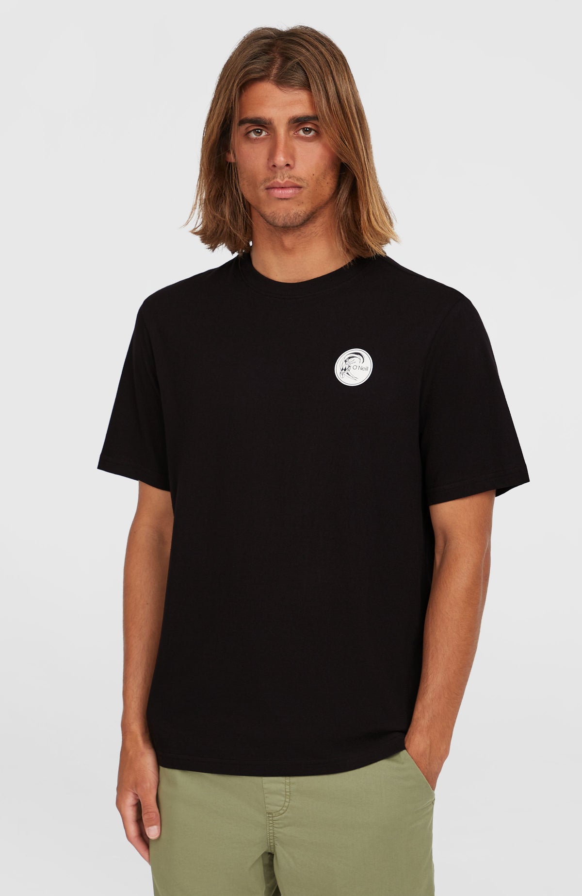 O'Neill O'Riginals Surf Shop T-Shirt für Herren, schwarz mit Grafik-Print in Weiß, Vorderansicht am Model