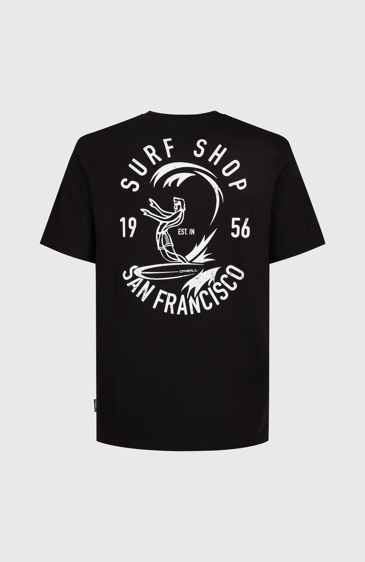 O'Riginals Surf Shop T-Shirt für Herren, schwarz mit Grafik-Print in Weiß, freigestellt von hinten mit Rückenprint