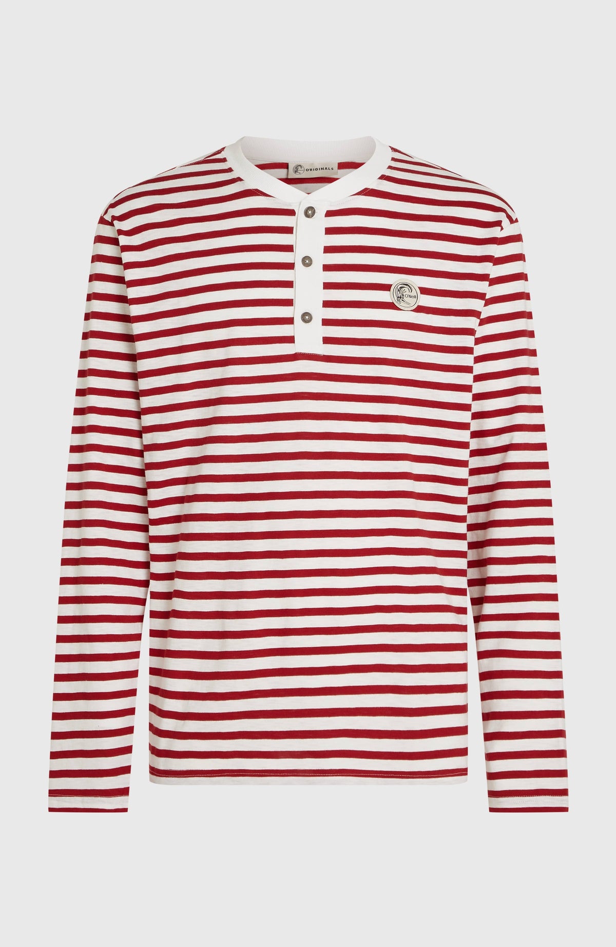 O'Riginals Langarmshirt für Herren, weiß mit Streifenmuster in Rot, freigestellt mit Knopfleiste von vorne