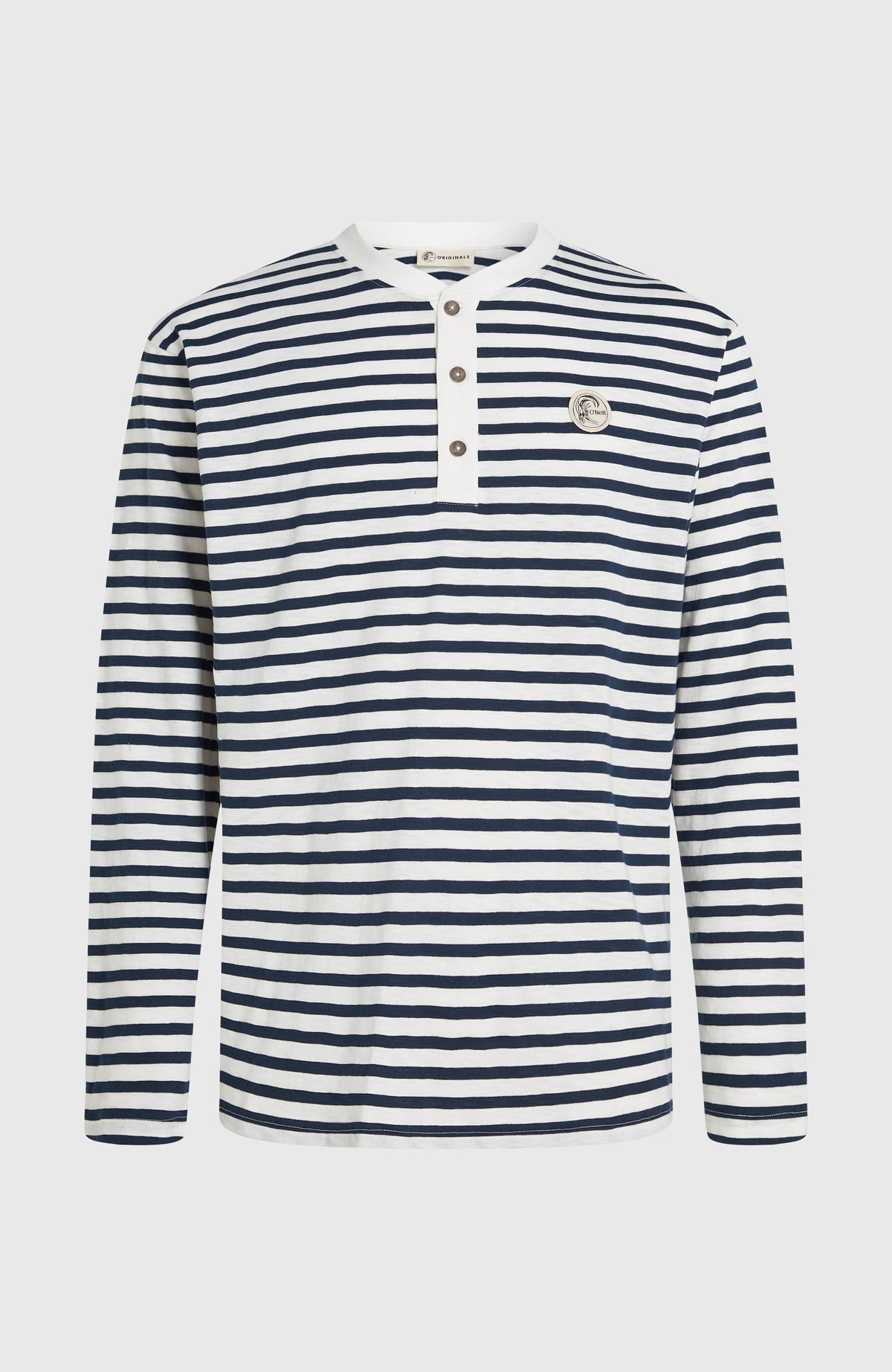 O'Riginals Langarmshirt für Herren, blau mit Streifenmuster in Weiß, flach liegend von vorne mit Knopfleiste