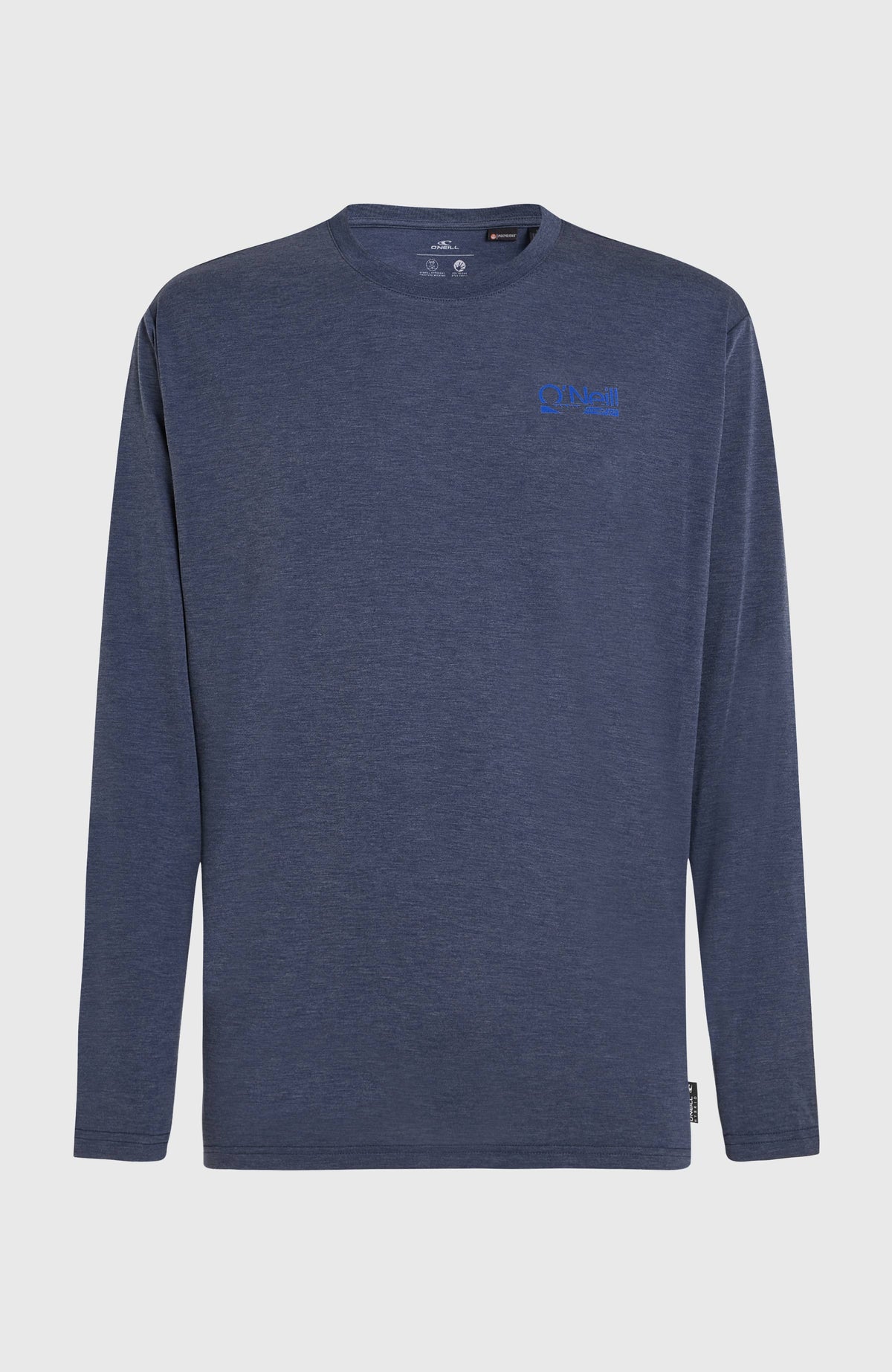 Hybrid Polygiene Langarmshirt für Herren, blau, flach liegend von vorne, kleiner Logo-Print auf der Brust