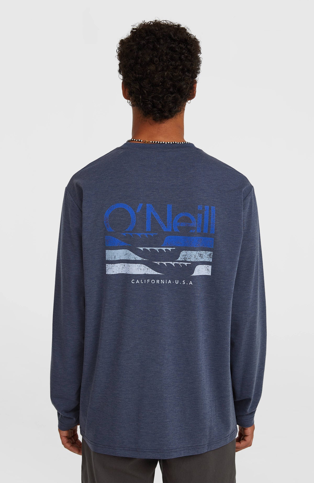 Hybrid Polygiene Langarmshirt für Herren, blau mit Logo-Print in Blau und Hellblau, Rückansicht am Model