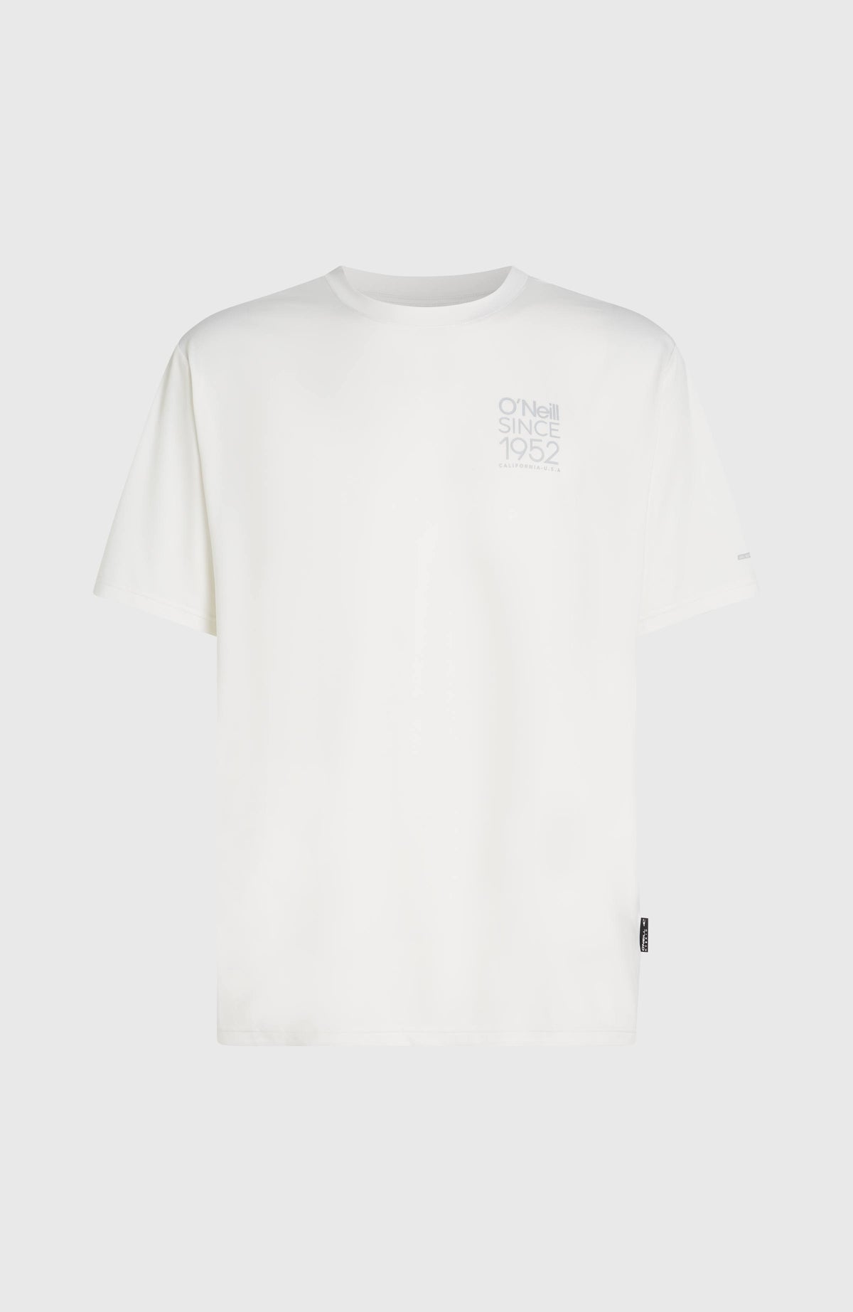 Hybrid UPF T-Shirt für Herren, weiß mit Logo-Print in Grau, freigestellt von vorne mit kleinem Brustprint