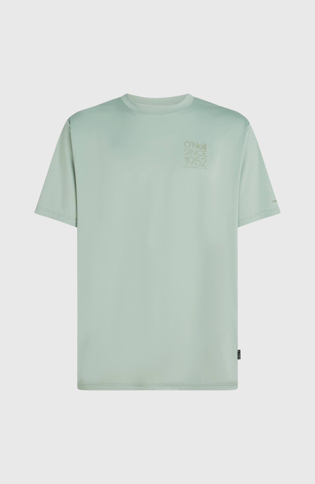 Grünes Hybrid UPF T-Shirt für Herren, freigestellt von vorne, mit Rundhalsausschnitt und kleinem Logo-Print