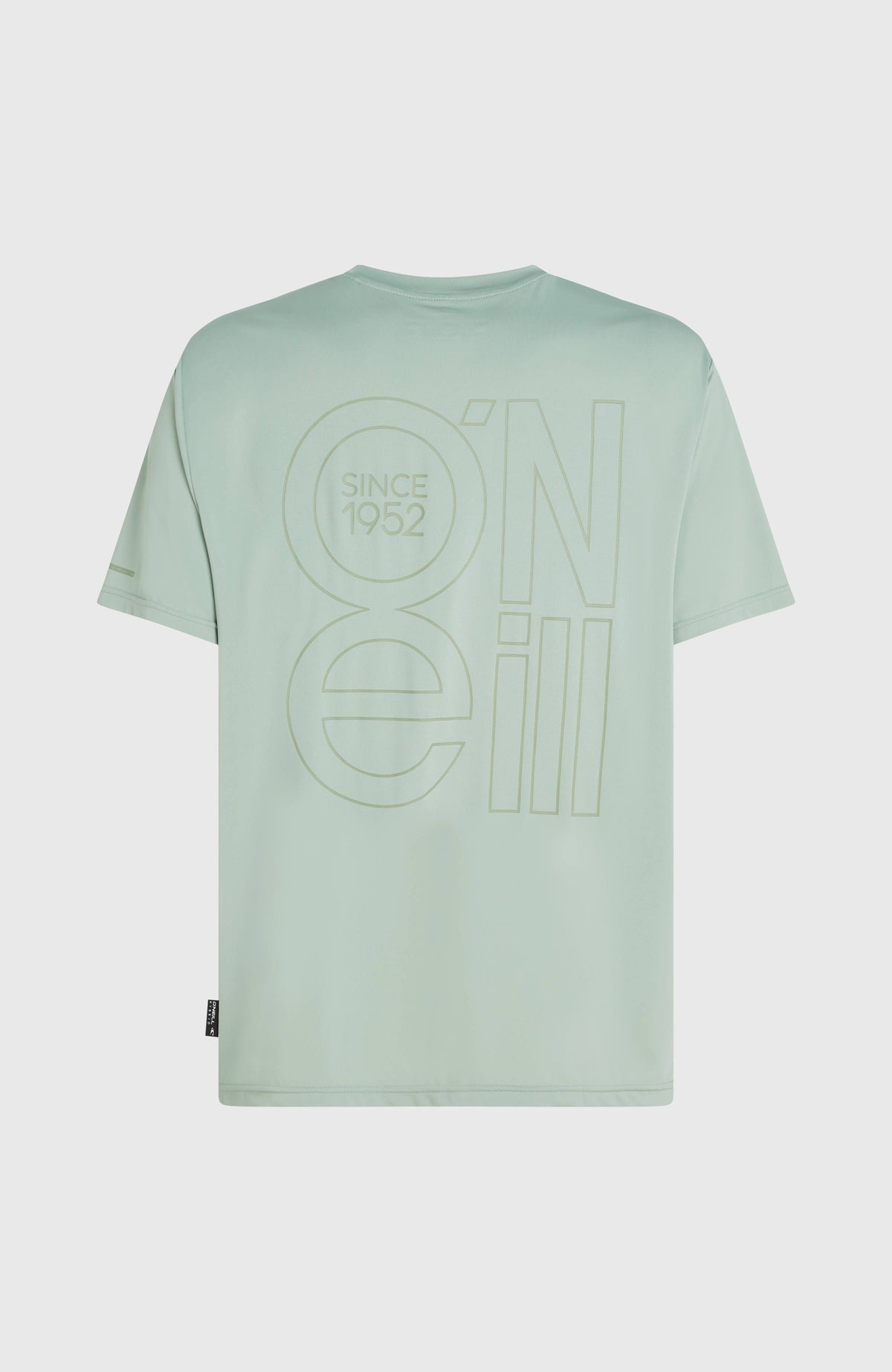 Grünes Hybrid UPF T-Shirt für Herren, freigestellt von hinten, mit großem Logo-Print auf der Rückseite