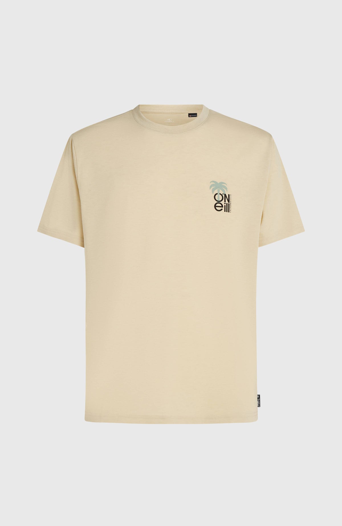 Beiges Hybrid Polygiene Graphic T-Shirt für Herren mit Logo-Print in Schwarz und Grün, flach liegend von vorne