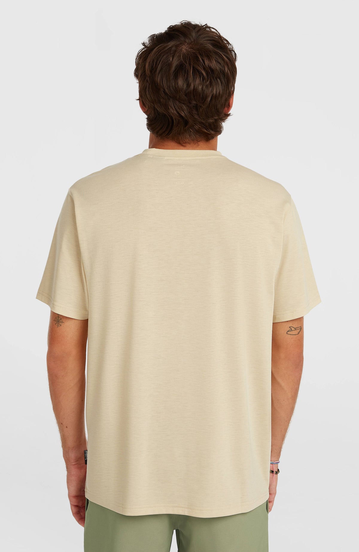Hybrid Polygiene Graphic T-Shirt für Herren, beige, Rückansicht am Model mit kurzem Ärmel und geradem Saum