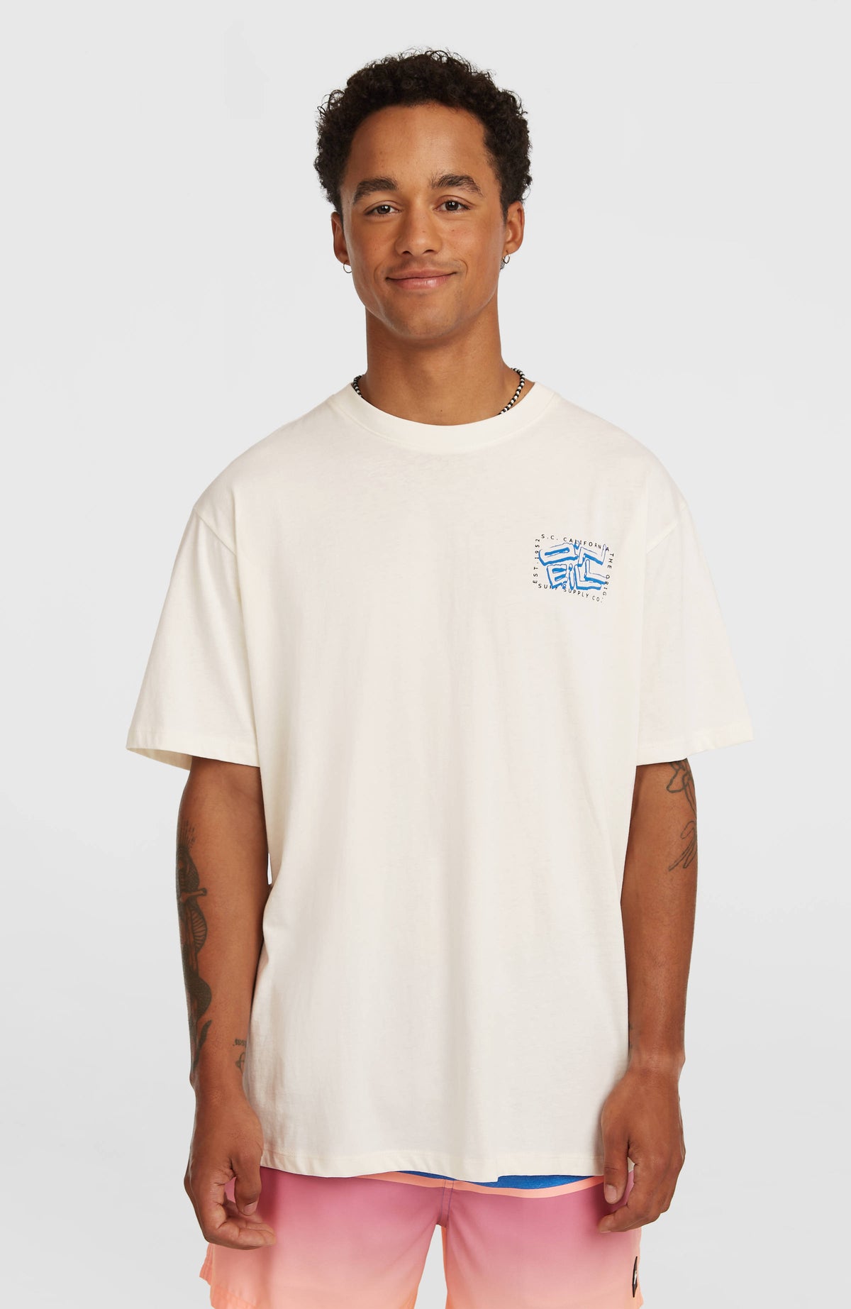 O'Neill Photo Back Print T-Shirt für Herren, weiß mit Foto-Print in Blau, Vorderansicht am Model