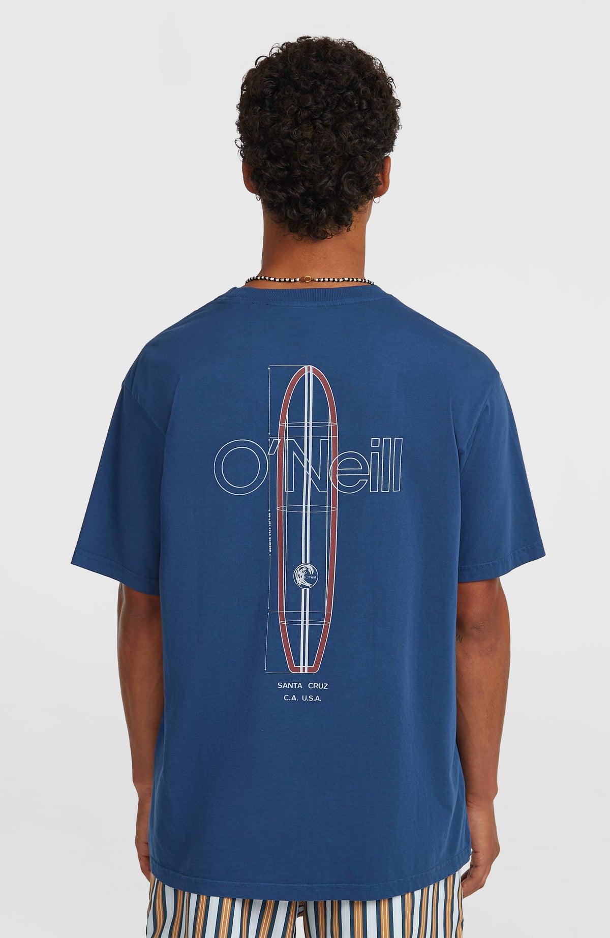 O'Riginals Vintage Graphic T-Shirt für Herren in Blau mit Surfboard-Print in Weiß und Rot, Rückansicht am Model